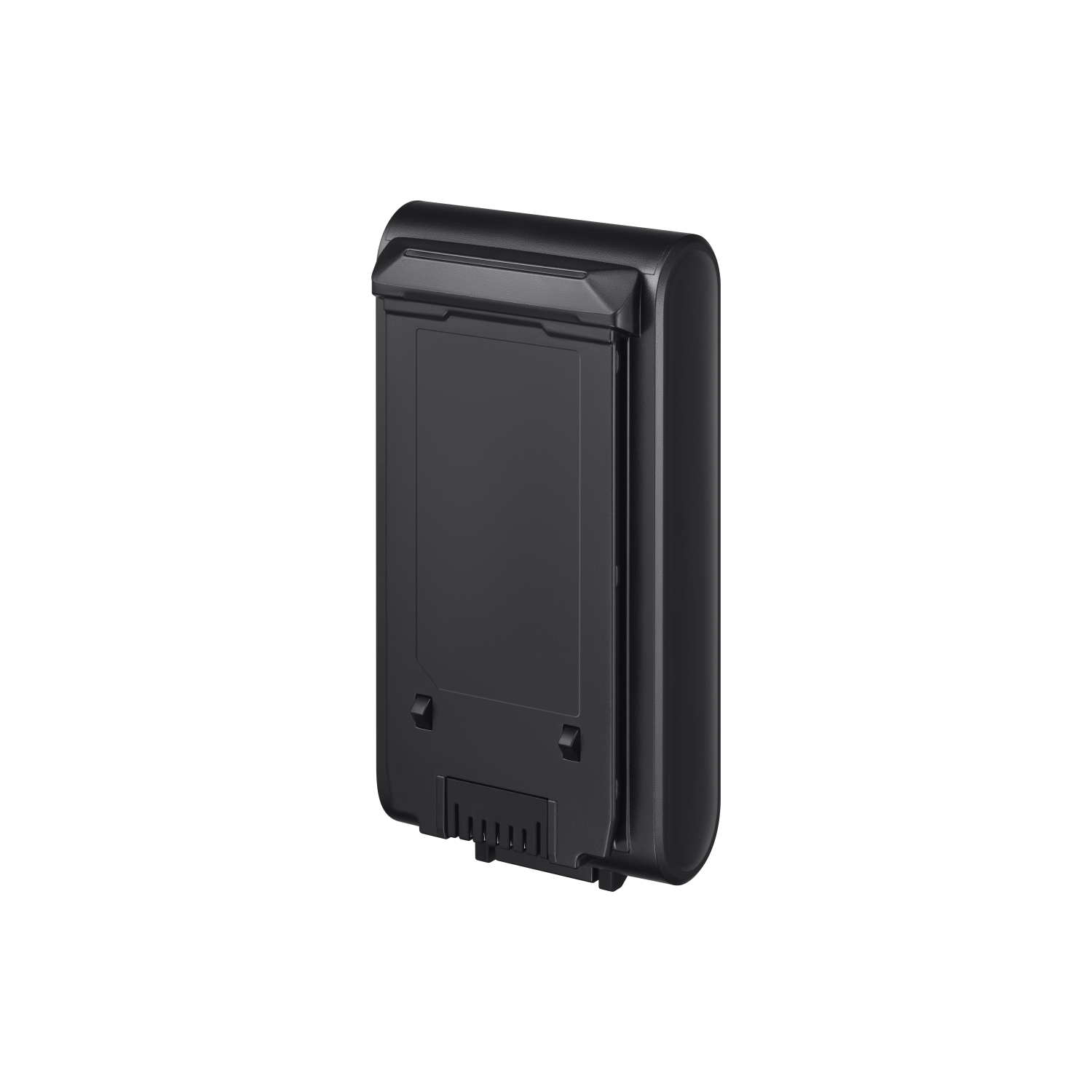 Bloc-batterie noir. Forme rectangulaire avec un panneau avant légèrement encastré.