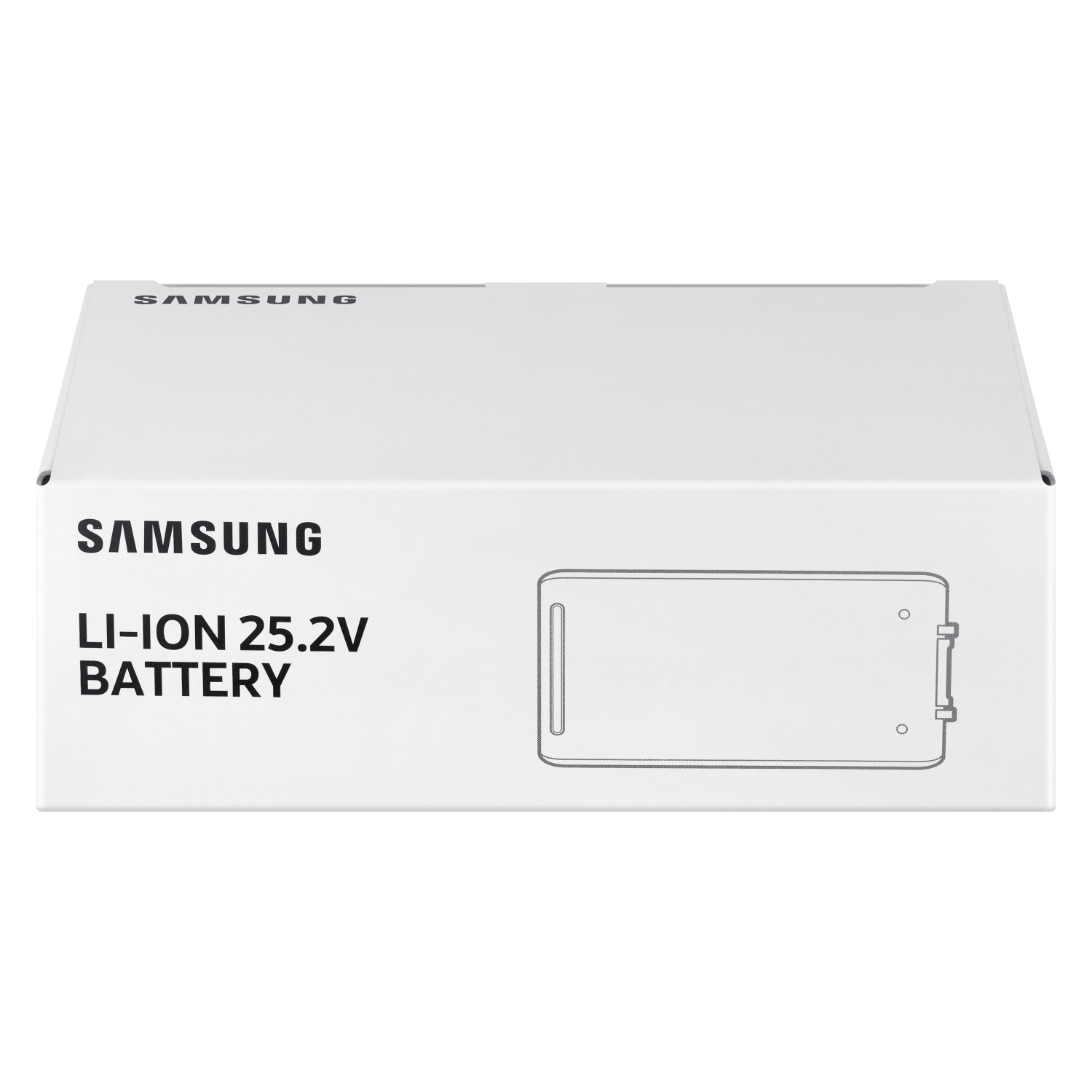 Boîte Samsung blanche avec texte et contour de batterie. Fond noir.