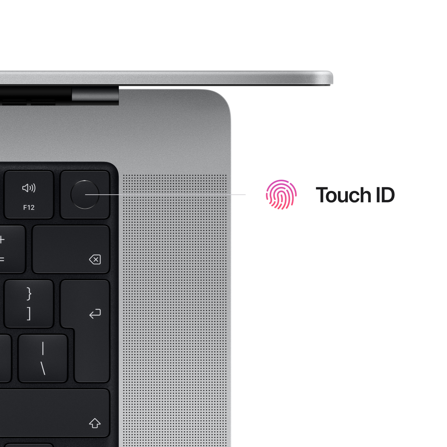 Zbliżenie klawiatury laptopa i przycisku zasilania z Touch ID. Różowa ikona Touch ID.