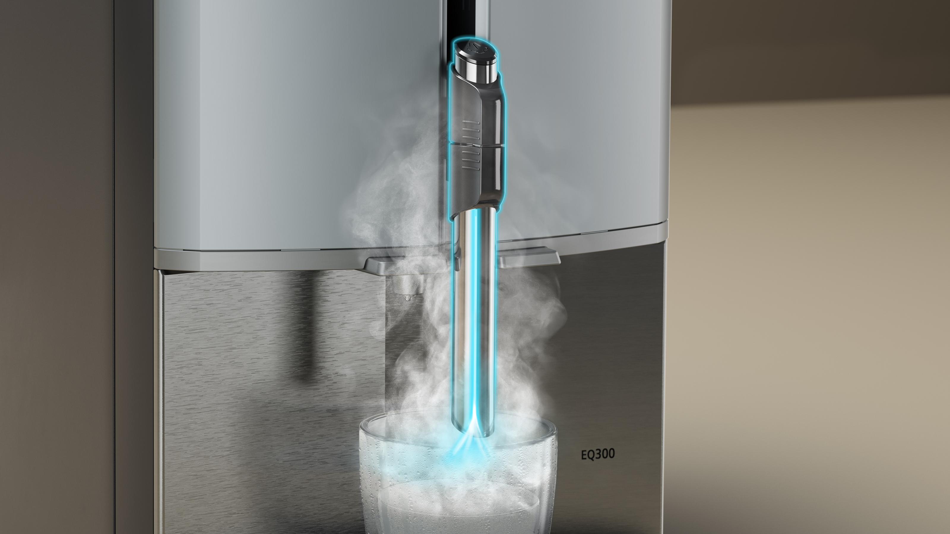 Erogatore d'acqua. Luce blu e vapore escono dall'erogatore. Sfondo bianco.
