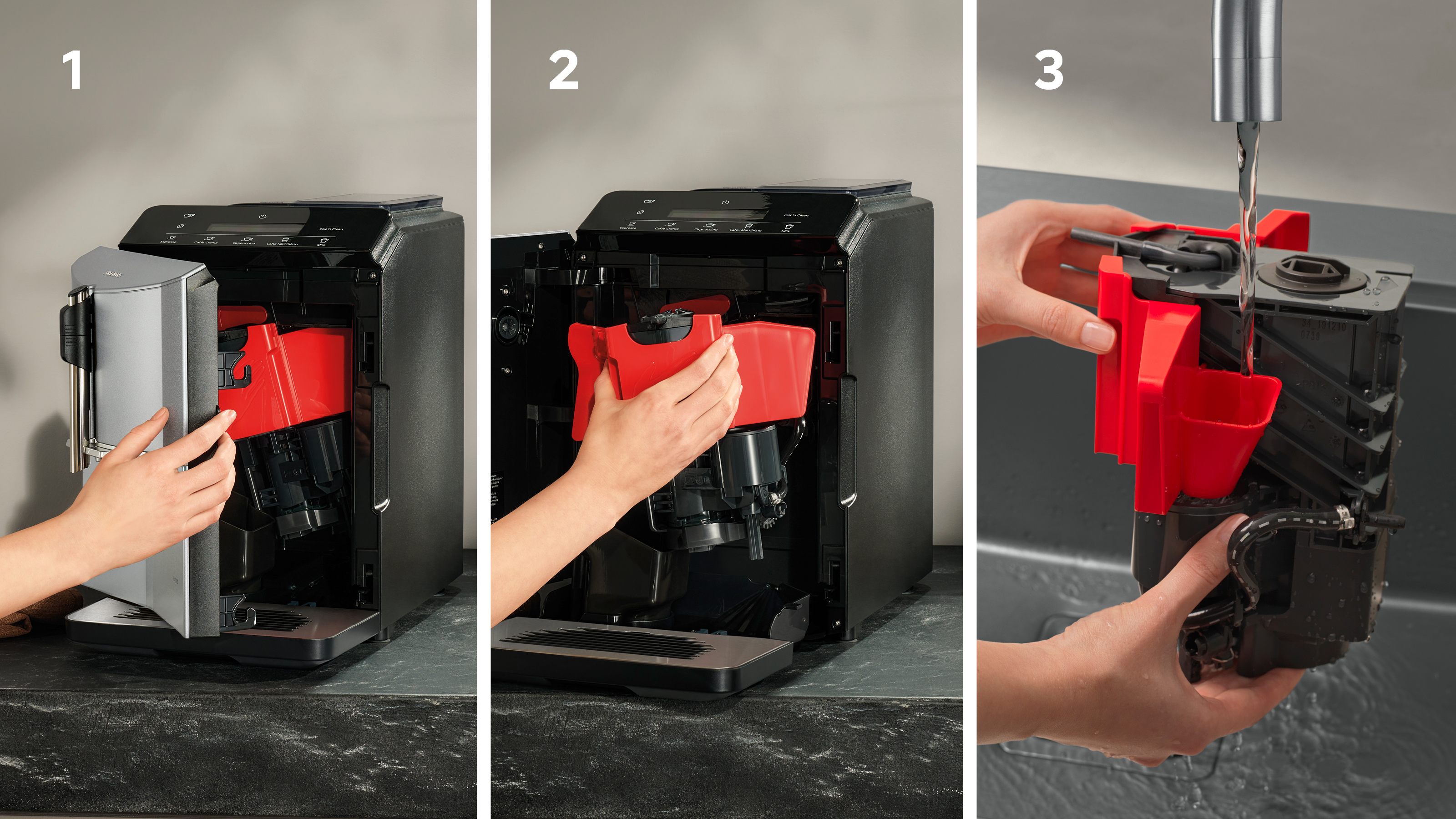 Un processo in tre fasi che mostra la pulizia di una macchina da caffè: apertura, rimozione e risciacquo di un componente.