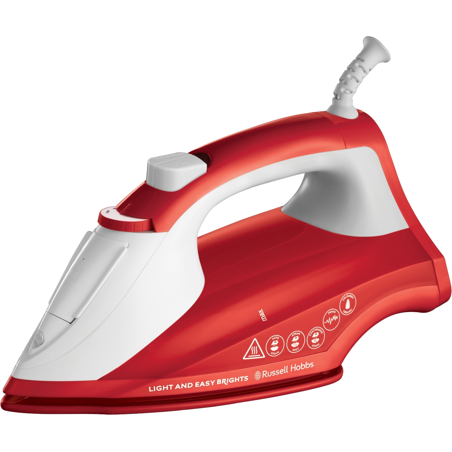 Plancha roja y blanca con asa. La marca Russell Hobbs es visible.