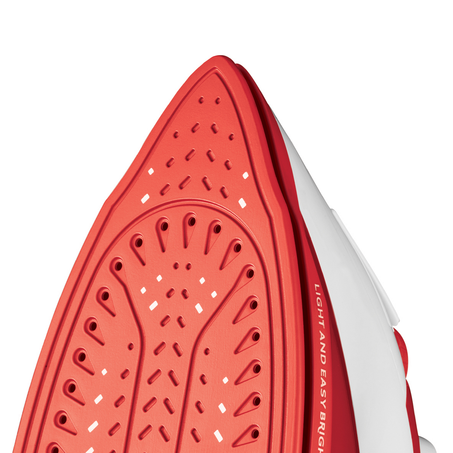 Primer plano de una suela de plancha roja. Plancha blanca y roja, diseño de agujeros y curvas.