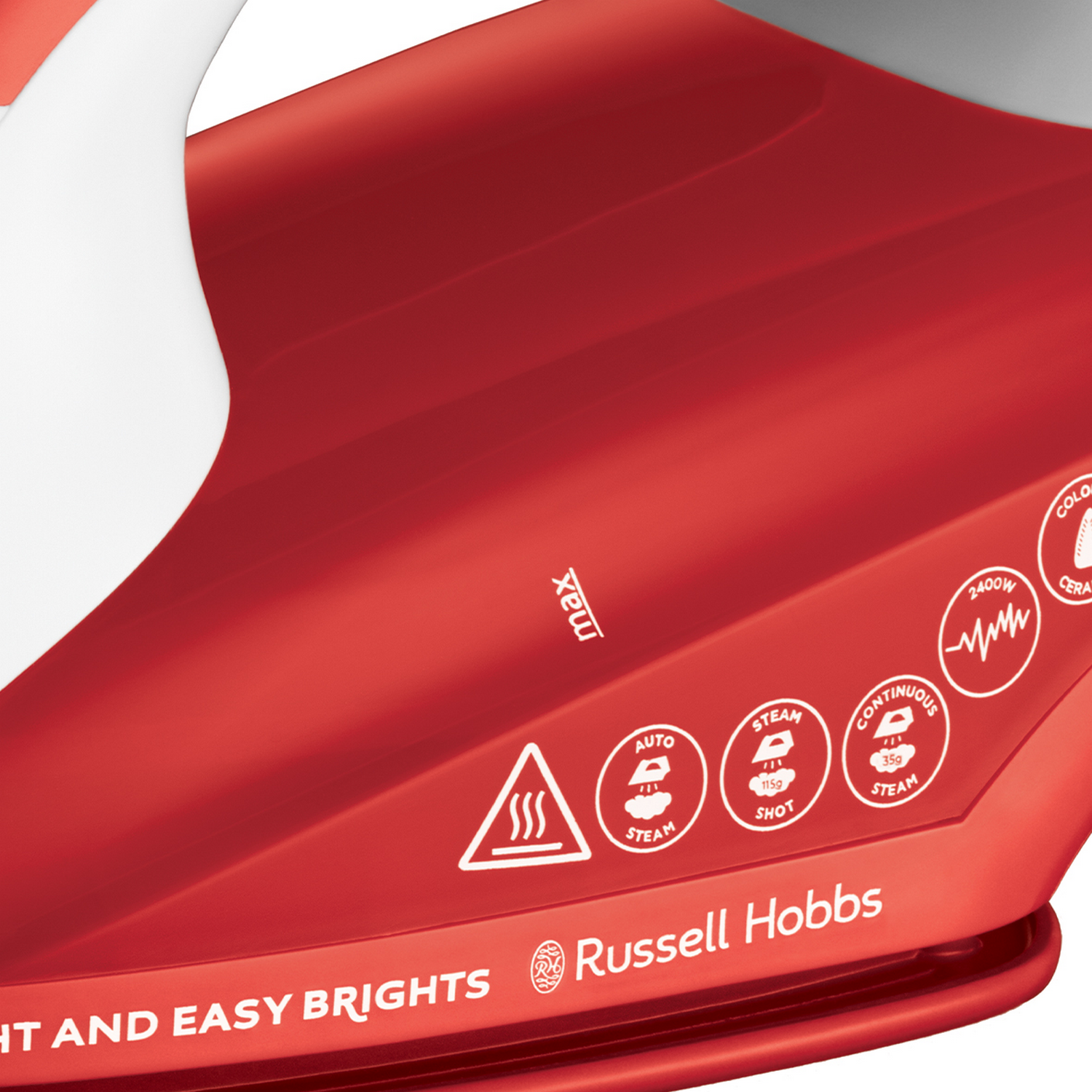 Una plancha roja y blanca con símbolos de control y el logotipo de Russell Hobbs.