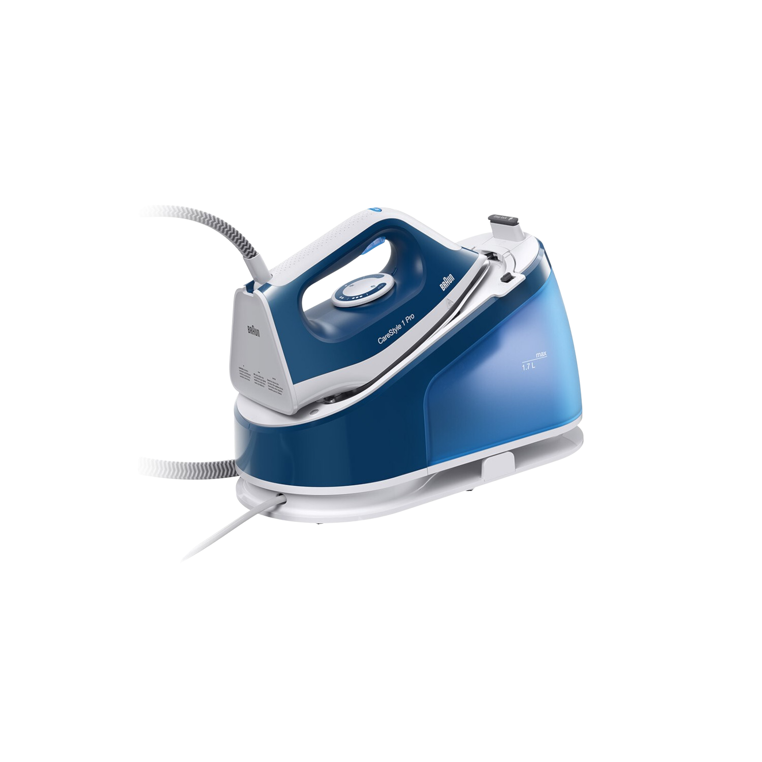 Blue and white Braun steam iron. Includes a water tank and a black power cord.