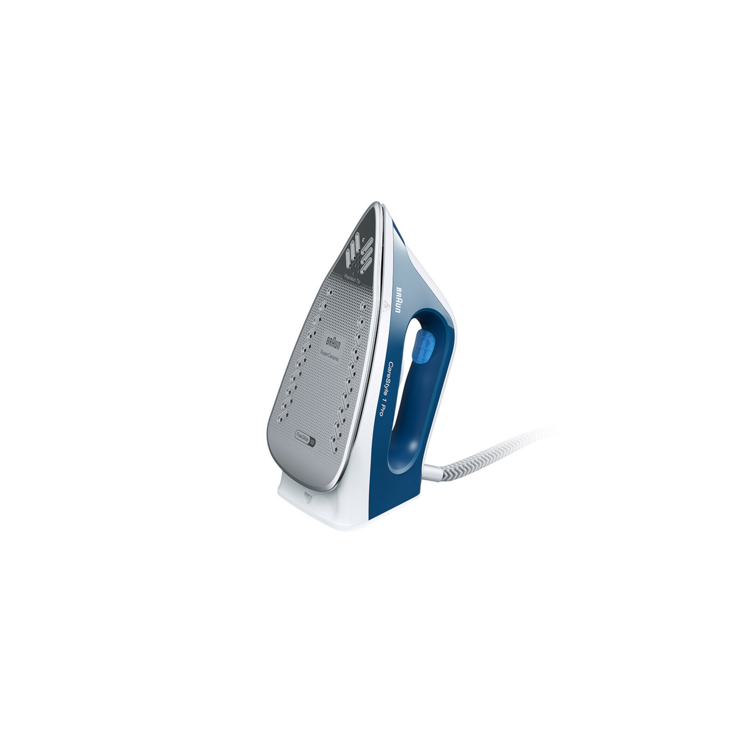 Blue and white Braun iron on white surface, angled view.