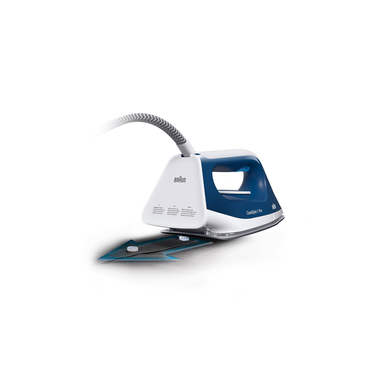 A white and blue iron with a grey cord and water spray nozzles on a white background.