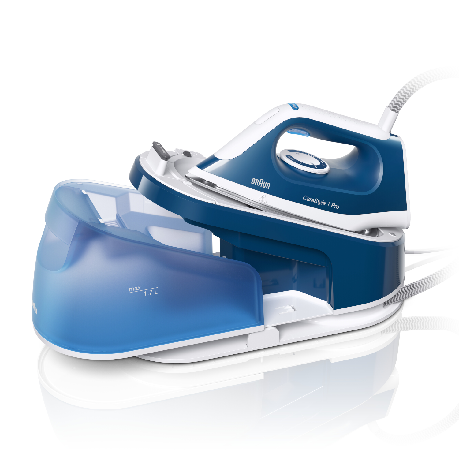 Blue and white Braun steam iron and water tank. Iron sits on a white base. White background.