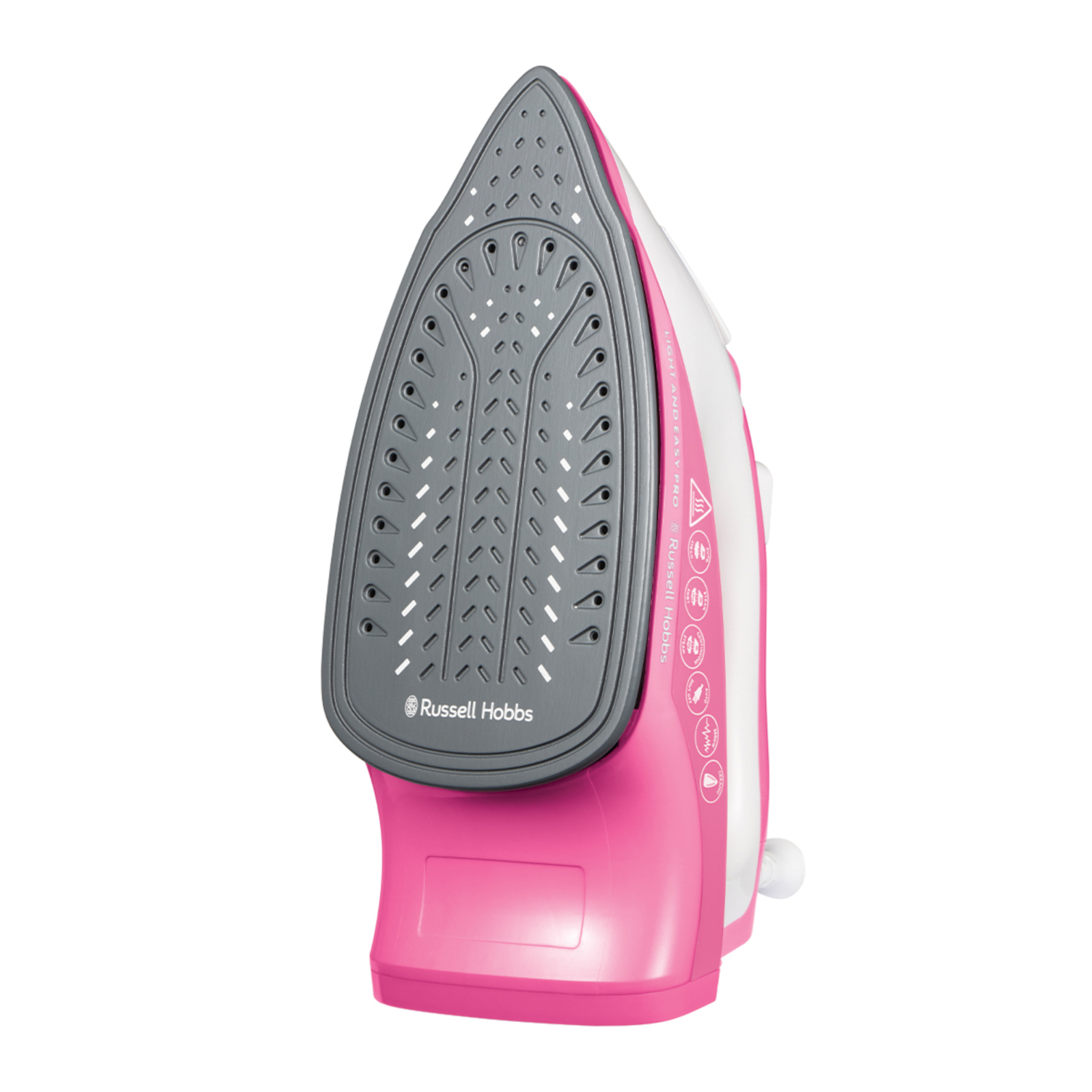 Plancha rosa y blanca. La base es rosa, con superficie gris. Se ven botones.