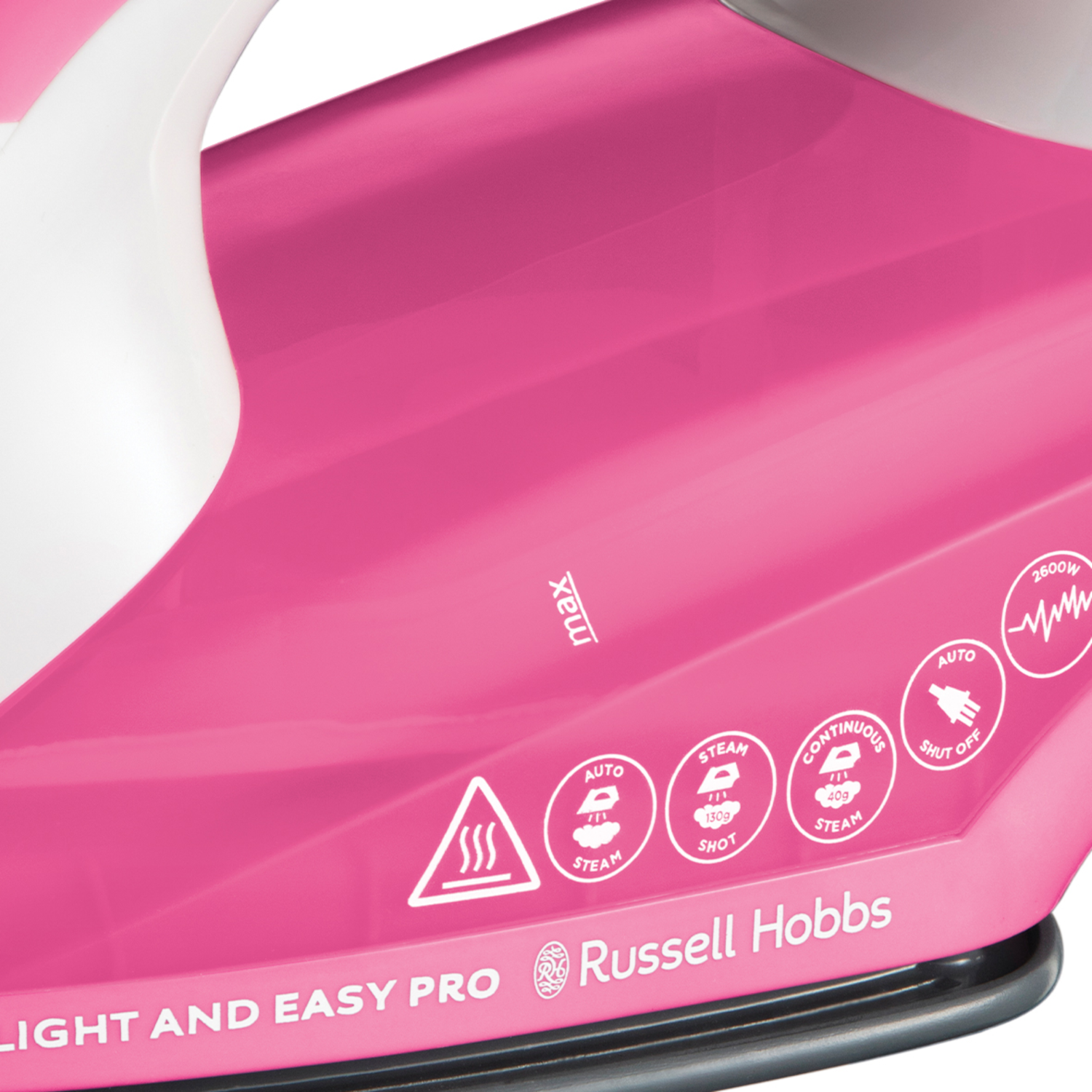 Primer plano de una plancha Russell Hobbs rosa, con texto e iconos que indican funciones.