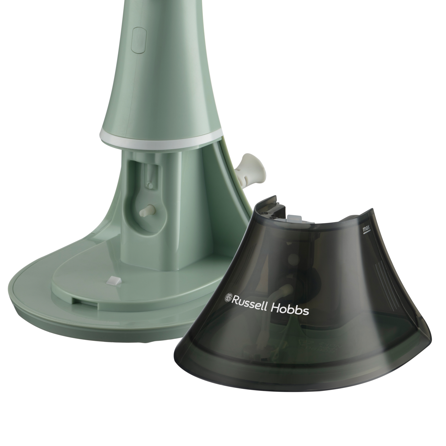 Ein grüner und weißer Standventilator mit schwarzer Abdeckung.