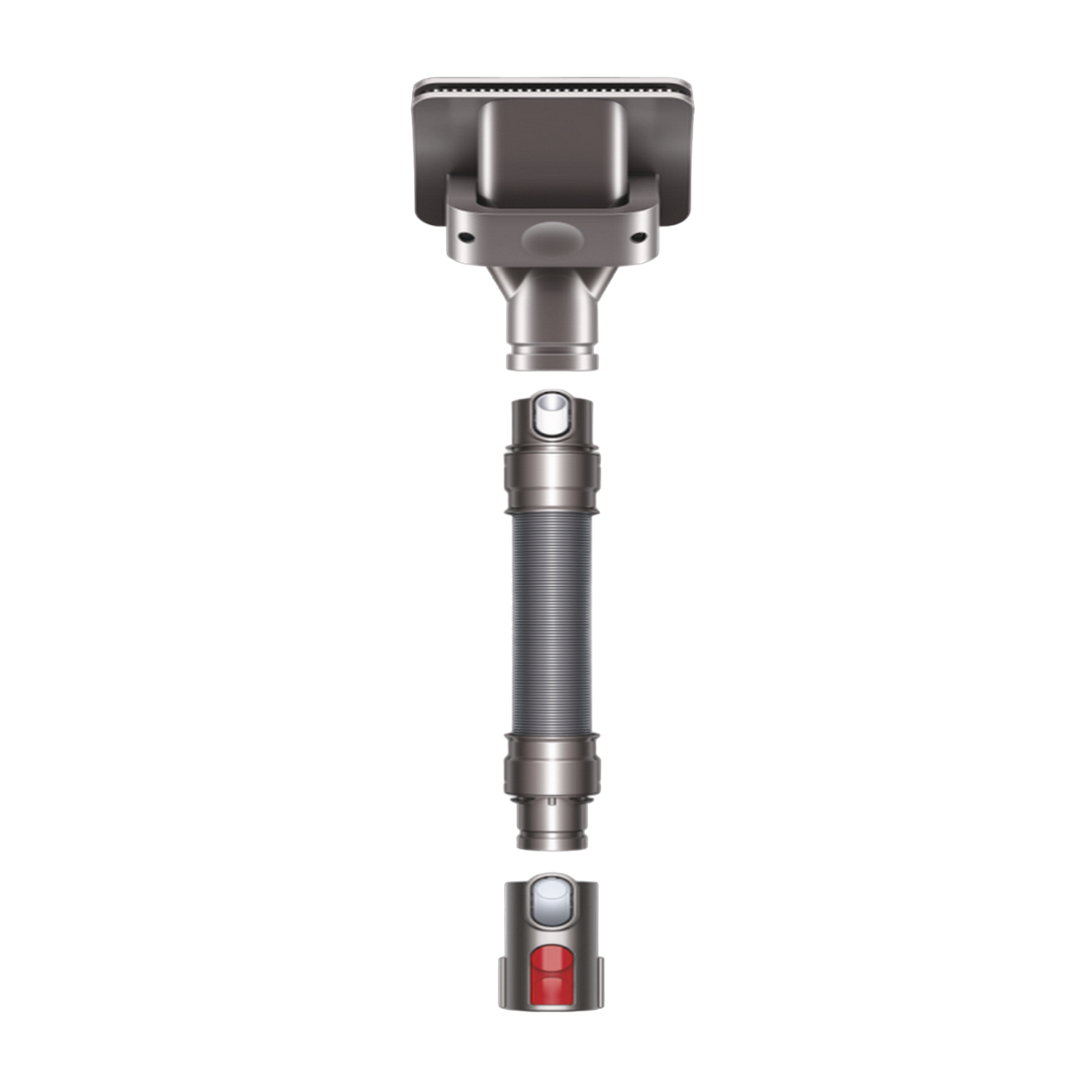 Componenti dell'aspirapolvere Dyson su sfondo nero. Include testa, tubo e manico.