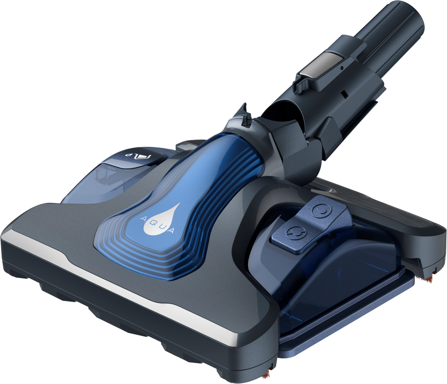 Una testina per aspirapolvere blu e grigia con la scritta AQUA, su sfondo scuro.