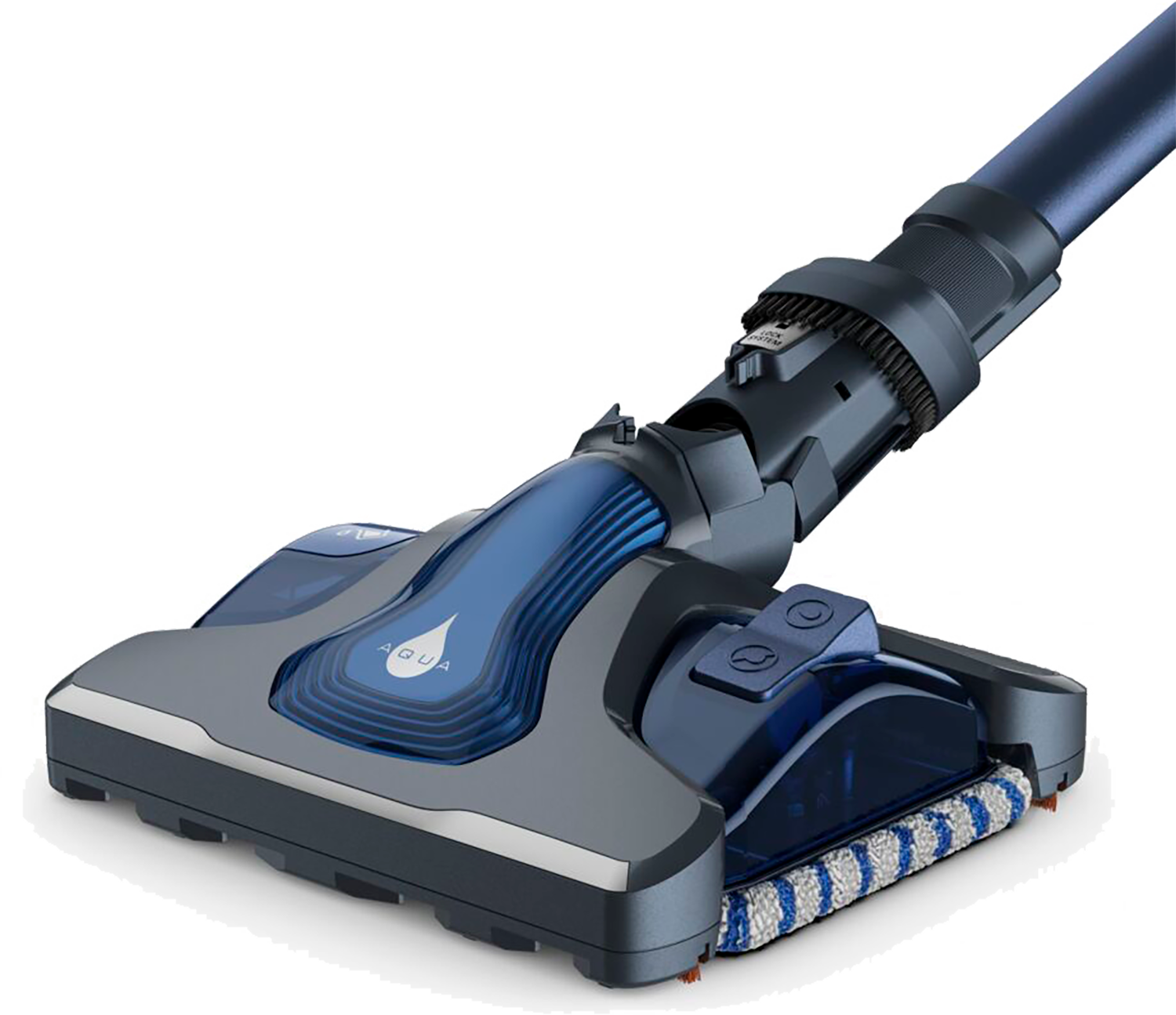 Testa di aspirapolvere blu e grigia con testo aqua, sfondo nero.