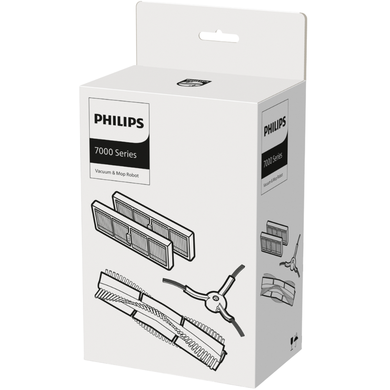 Białe pudełko z logo Philips. Pudełko pokazuje obrazy części odkurzacza.
