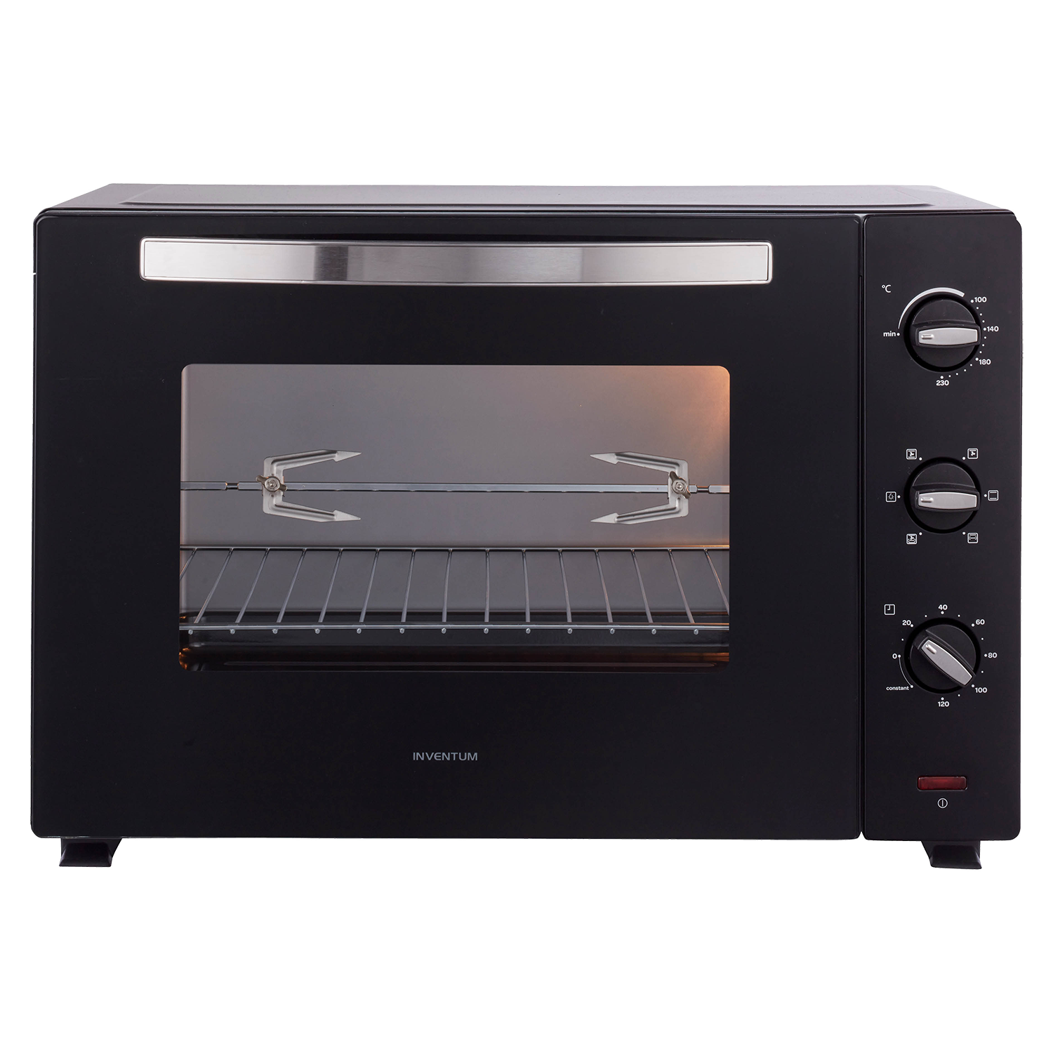 Zwarte oven met bediening aan de rechterkant, interieur zichtbaar, op een zwarte achtergrond.