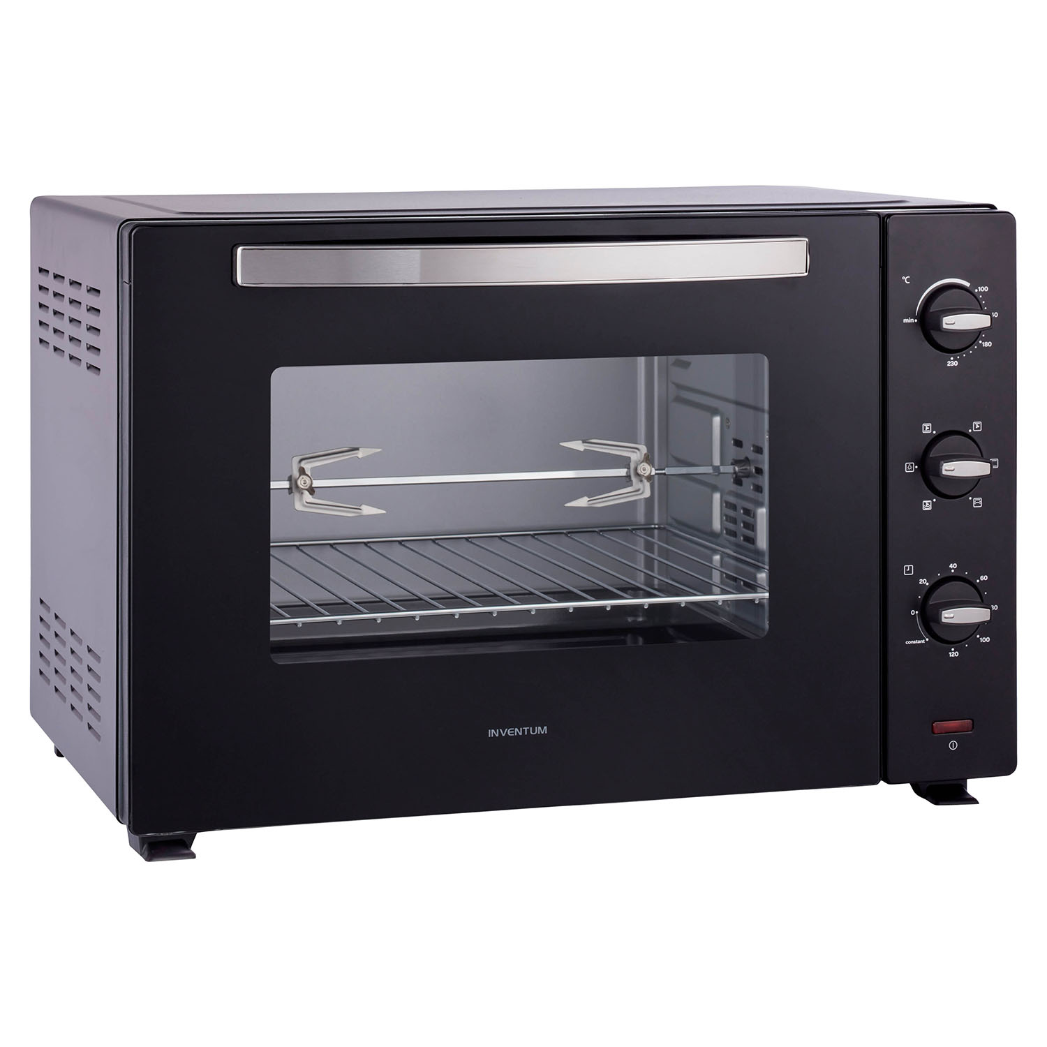 Zwarte oven. Bediening aan de rechterkant, glazen deur toont de binnenkant.