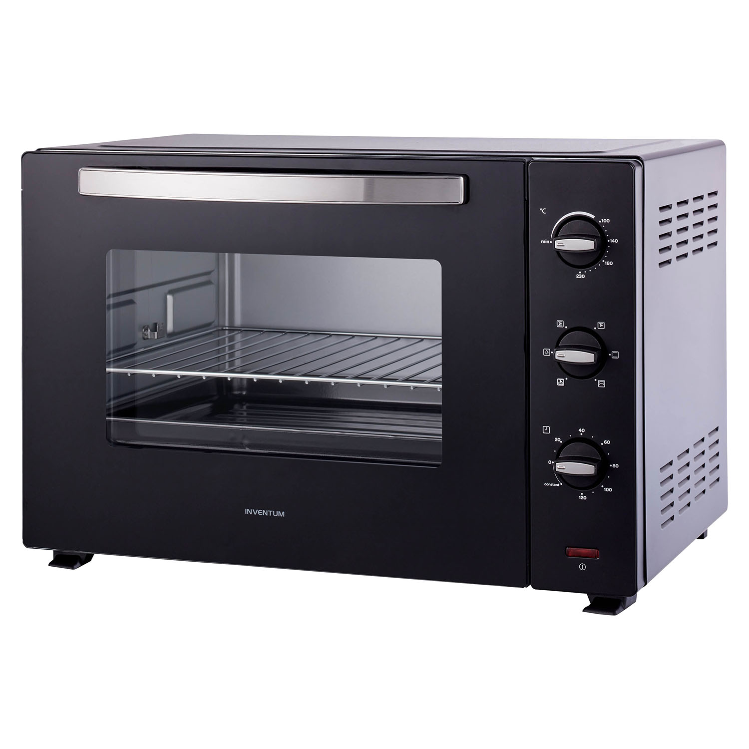 Zwarte elektrische oven met glazen deur, bediening rechts en roestvrijstalen handvat.