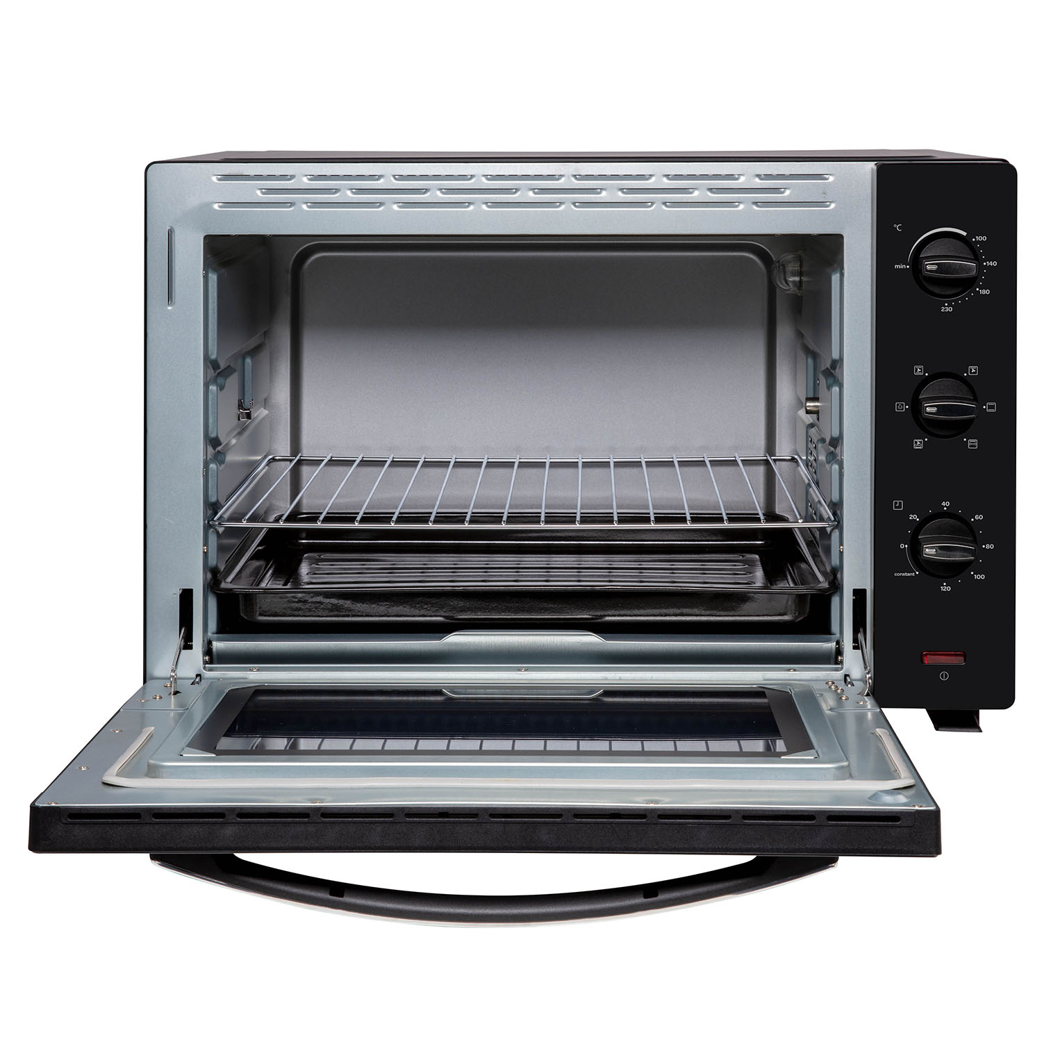 Zwarte oven, open deur, interieur zichtbaar, met bakplaat en rek, zwarte achtergrond.