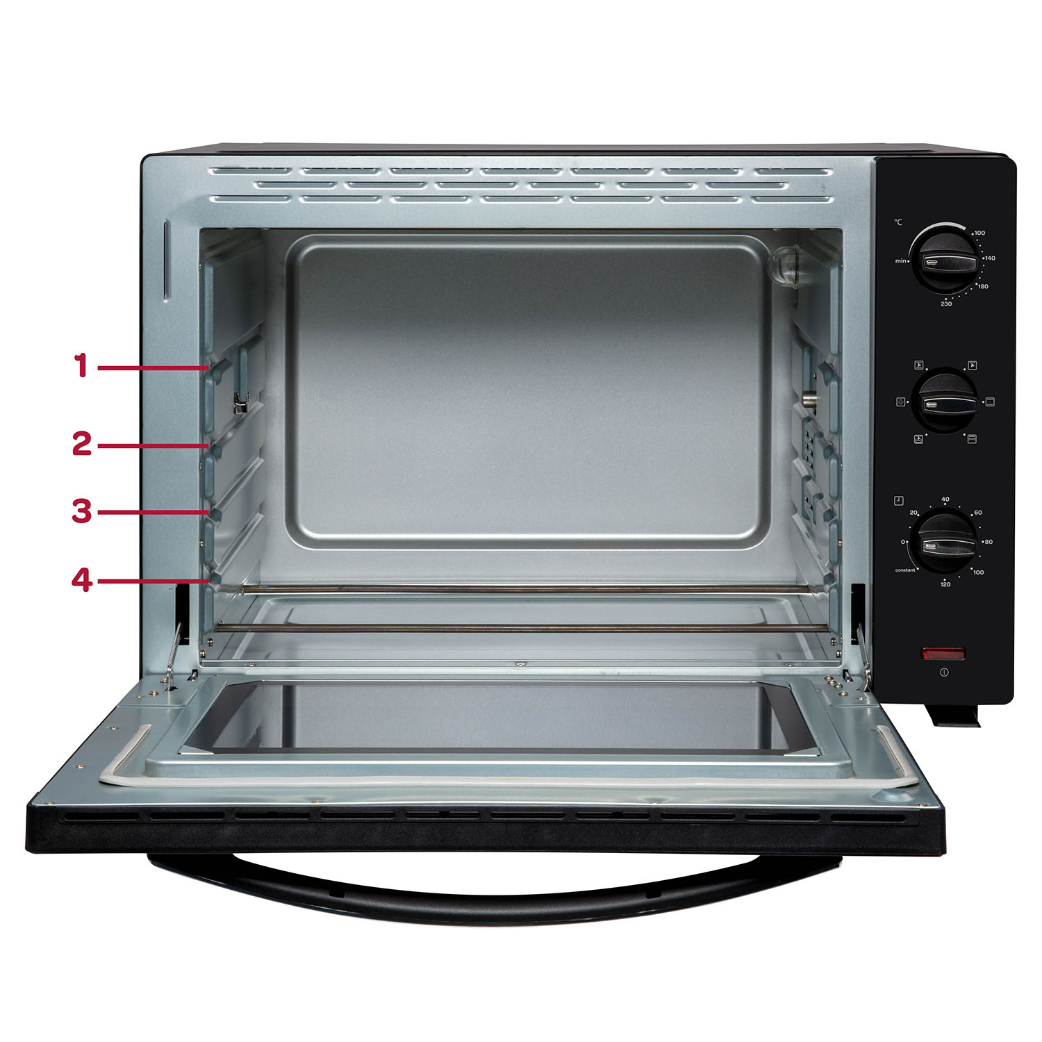 Open oven met rekken en interieur. Zwarte oven met zwarte handgreep en bediening.