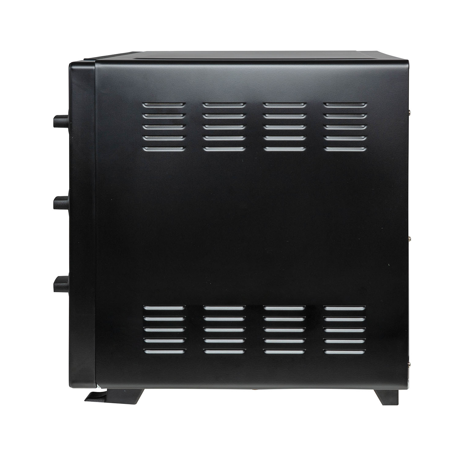 Zijaanzicht van zwarte oven met ventilatieopeningen. Witte achtergrond.