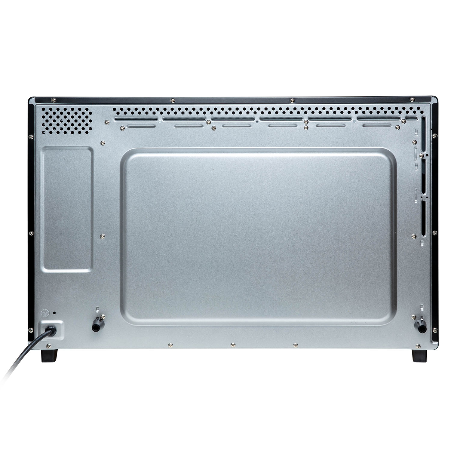 Onderkant van een zwarte oven. Toont metalen paneel met schroeven en connectoren, en een netsnoer.