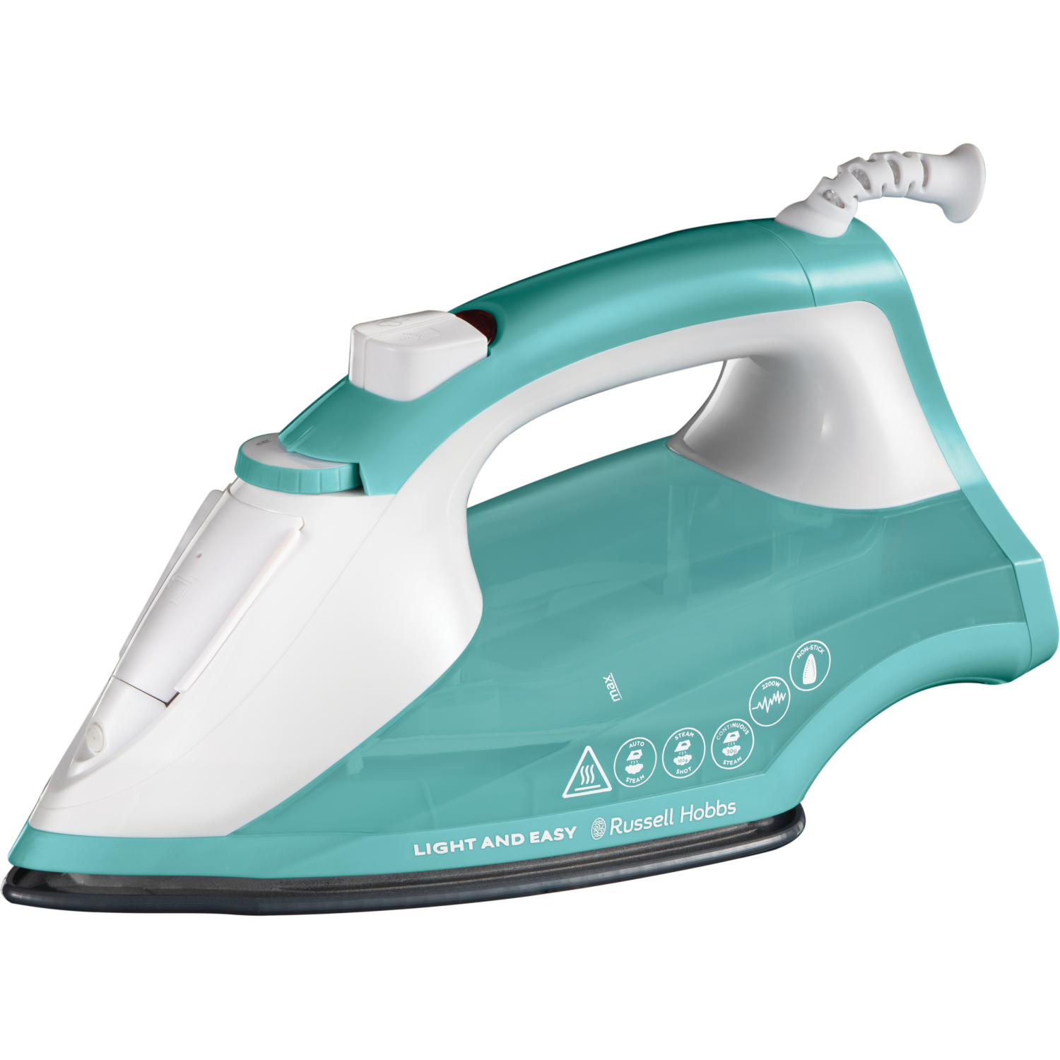 Turkusowo-białe żelazko Russell Hobbs na czarnym tle, widok z boku.