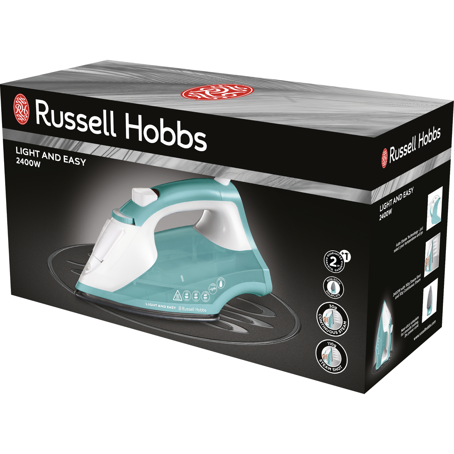 Zapakowane żelazko Russell Hobbs. Niebieskie żelazko na czarnej podstawie.