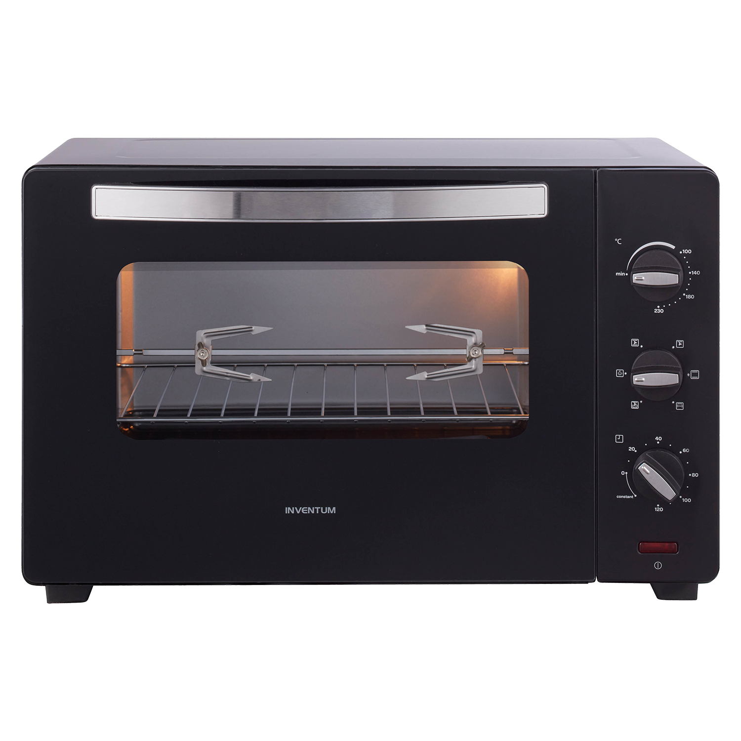 Forno nero, marca Inventum. Comandi visibili, vista frontale. Sfondo scuro.