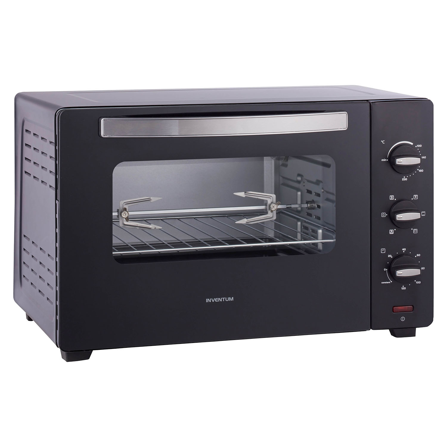 Forno nero con porta a vetro, maniglia e manopole. Su sfondo bianco.