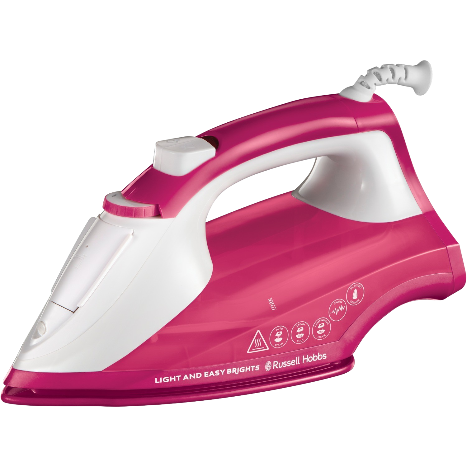 Rosa und weißes Bügeleisen mit Russell Hobbs-Branding auf schwarzem Hintergrund.