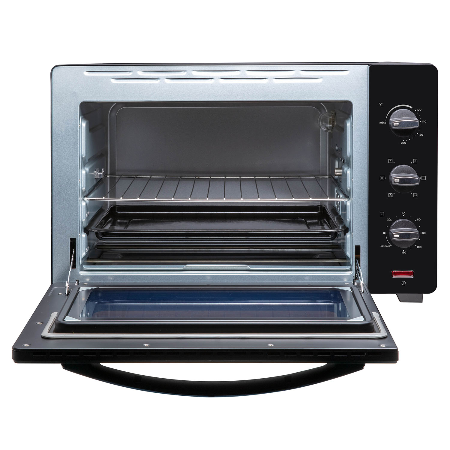 Forno nero con porta aperta, interno visibile, su sfondo bianco.