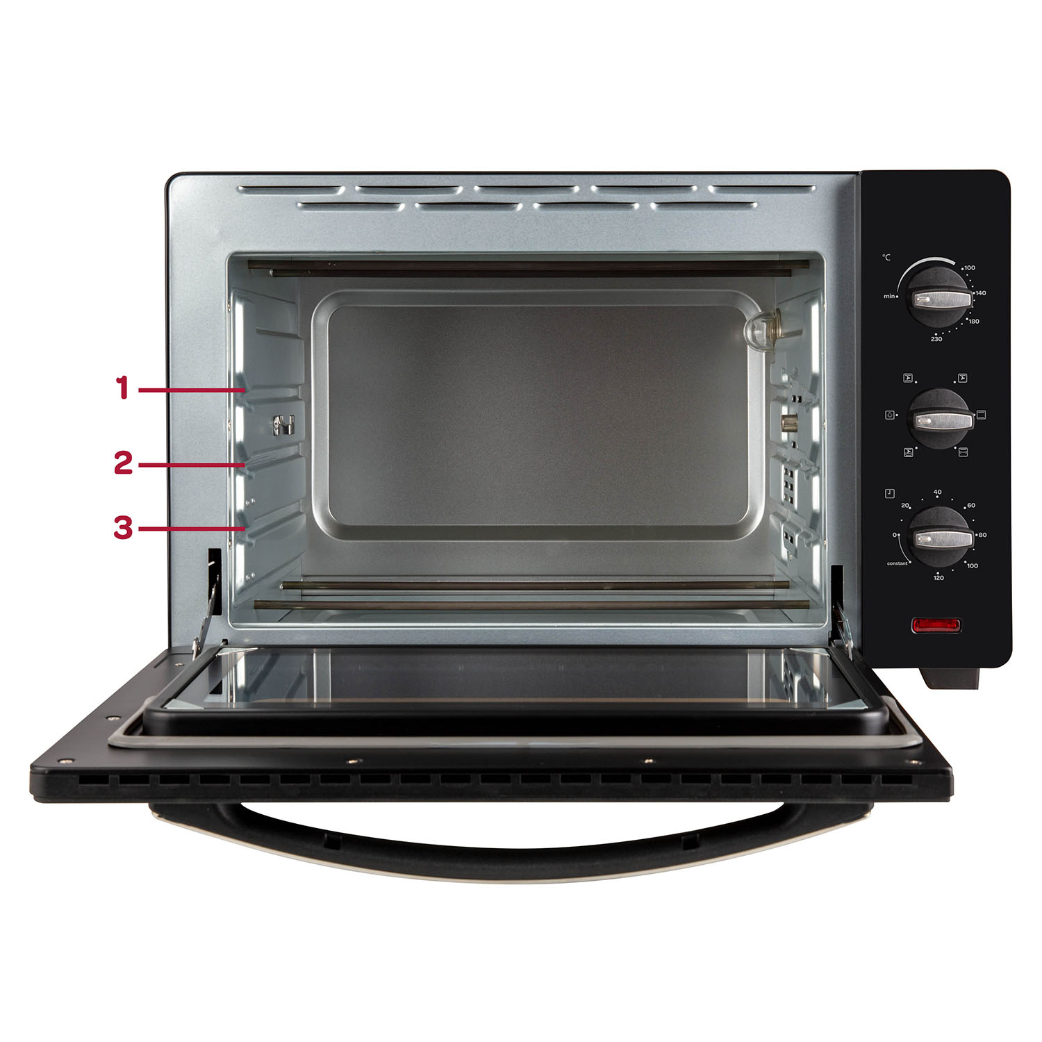 Forno nero aperto, interno visibile, sfondo nero.