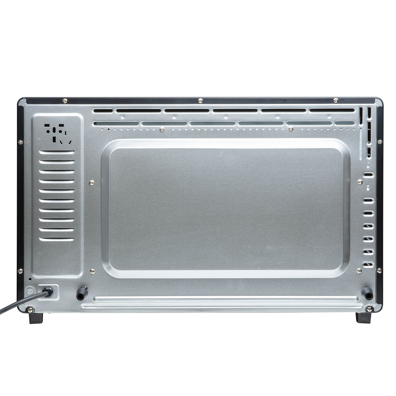 Parte inferiore di un forno nero. Mostra pannello metallico con viti, connettori e cavo di alimentazione.