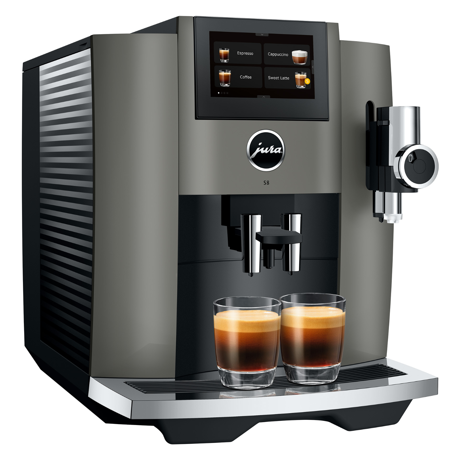 Eine Kaffeemaschine mit Touchscreen-Display. Unter den Ausläufen stehen zwei Tassen Kaffee.