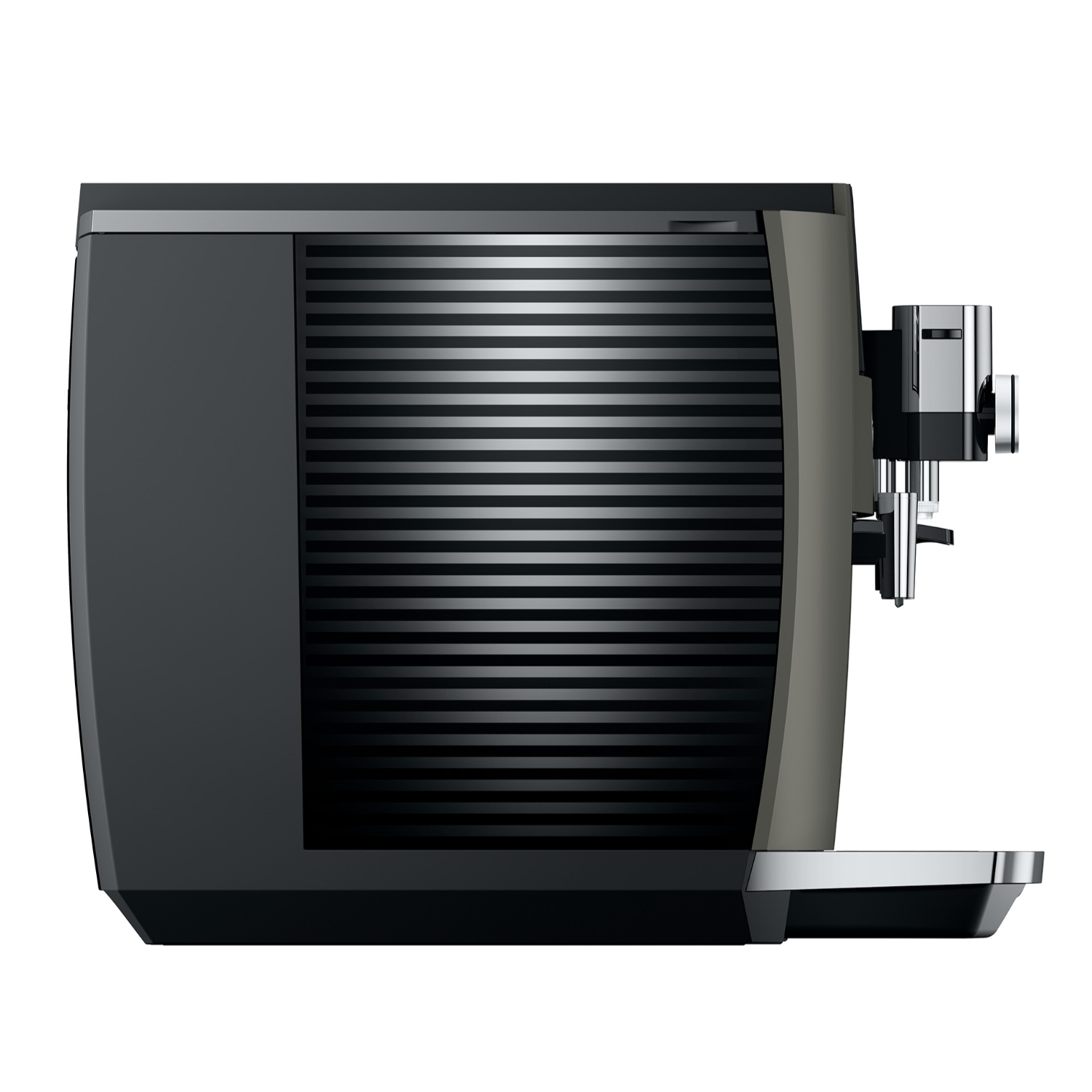 Seitenansicht einer Kaffeemaschine. Schwarz und grau mit horizontalen Linien.