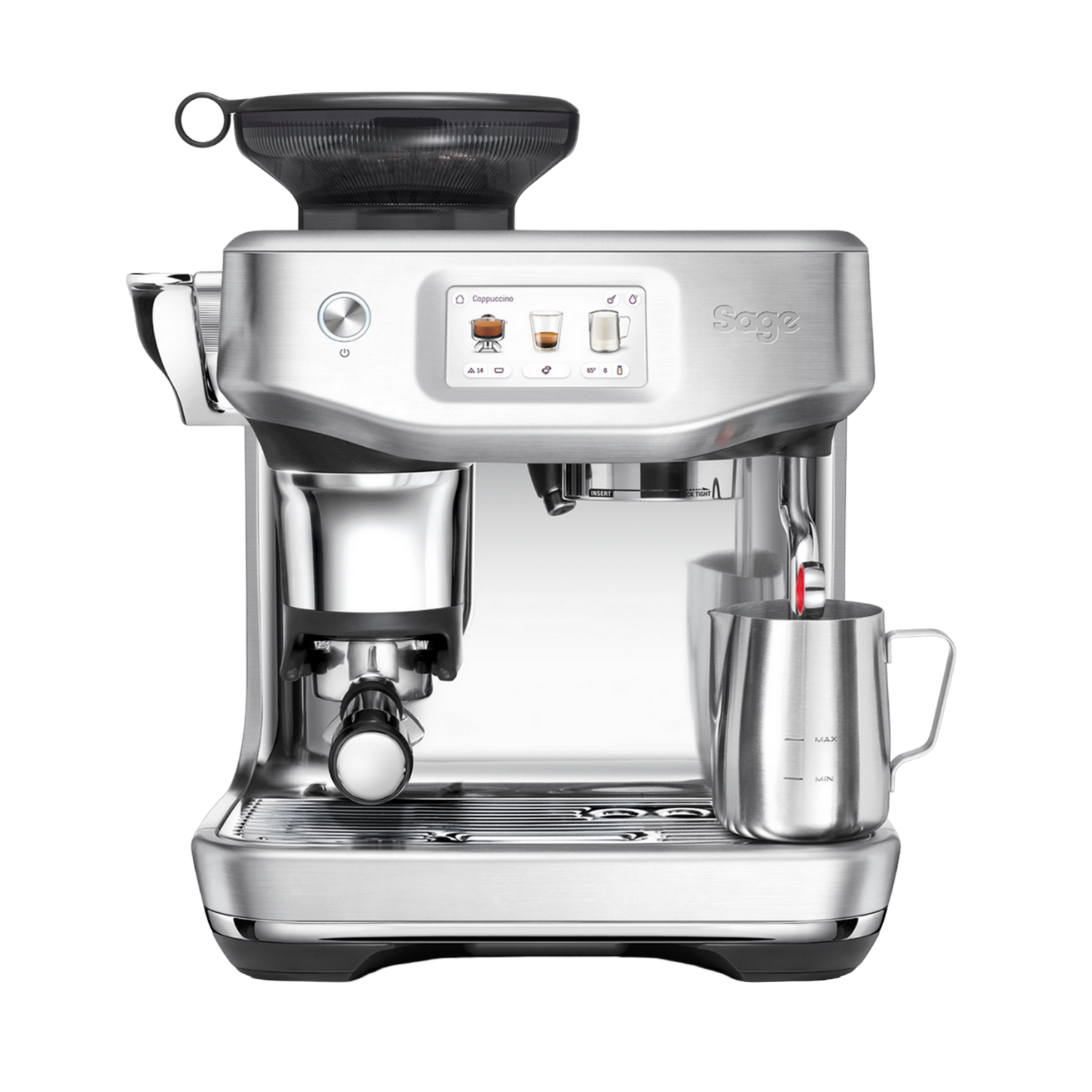 Srebrny ekspres do espresso z ekranem dotykowym i dzbankiem do spieniania mleka.