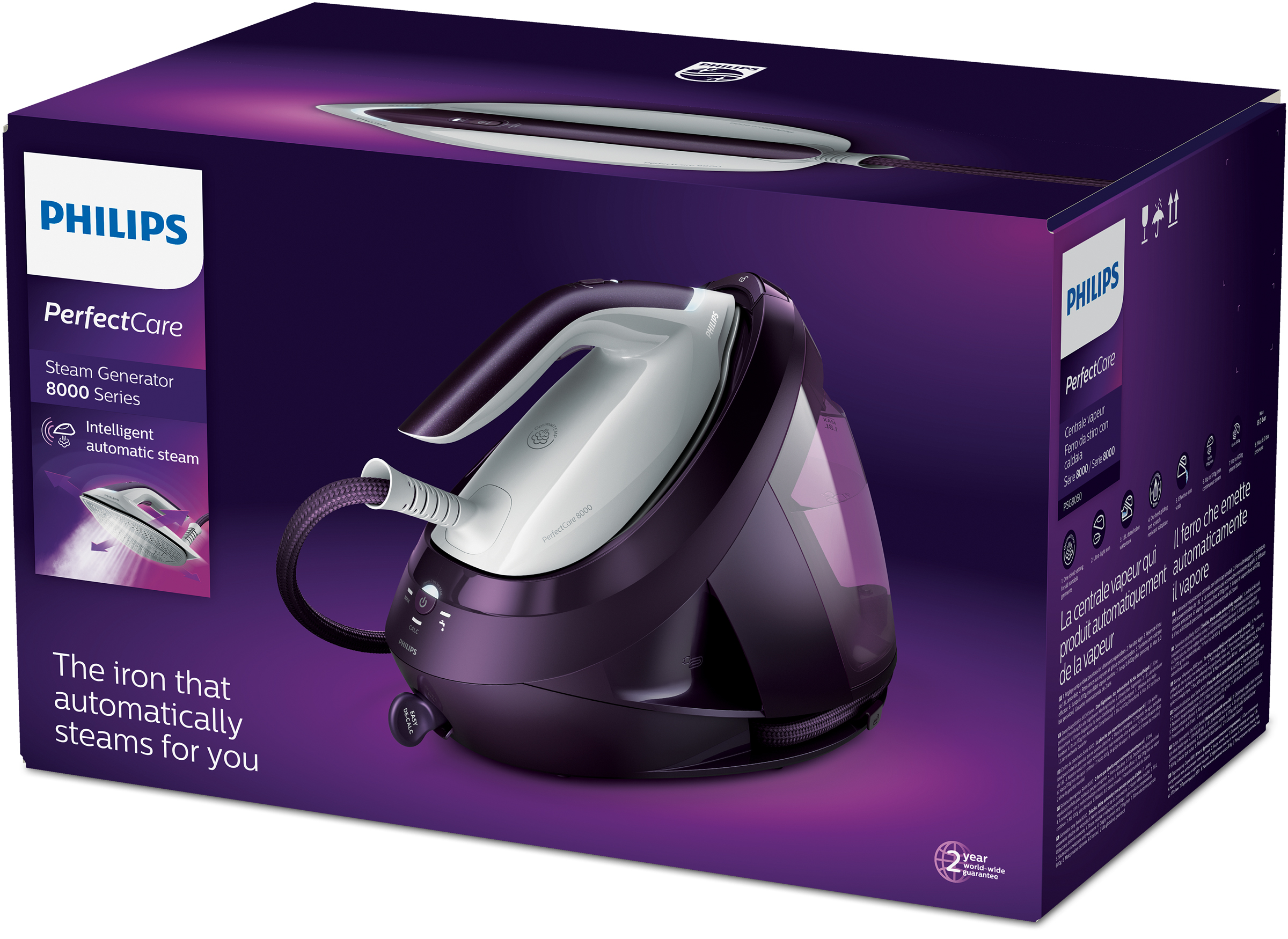 Fer à repasser Philips PerfectCare Steam Generator, en boîte, design violet et blanc.