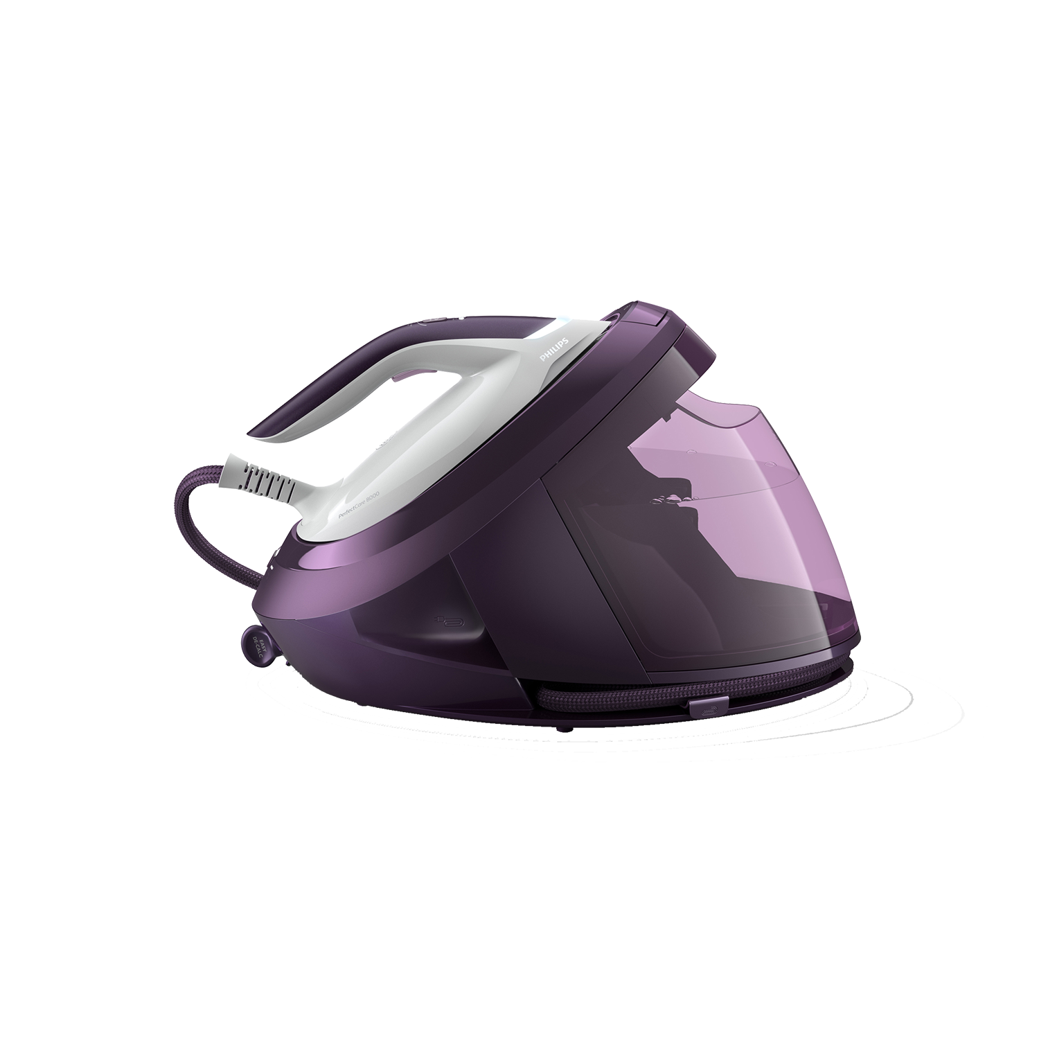 Un fer à repasser à vapeur Philips violet avec un réservoir d'eau sur fond noir.