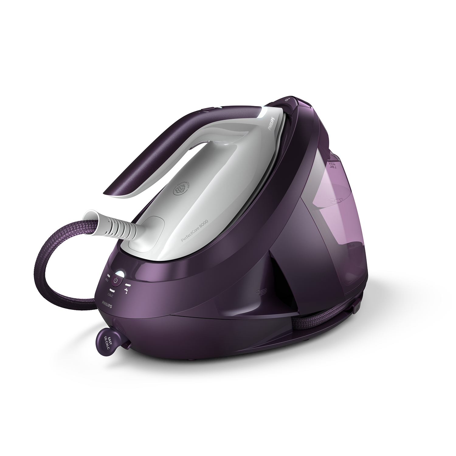 Fer à vapeur violet avec réservoir d'eau et poignée blanche.