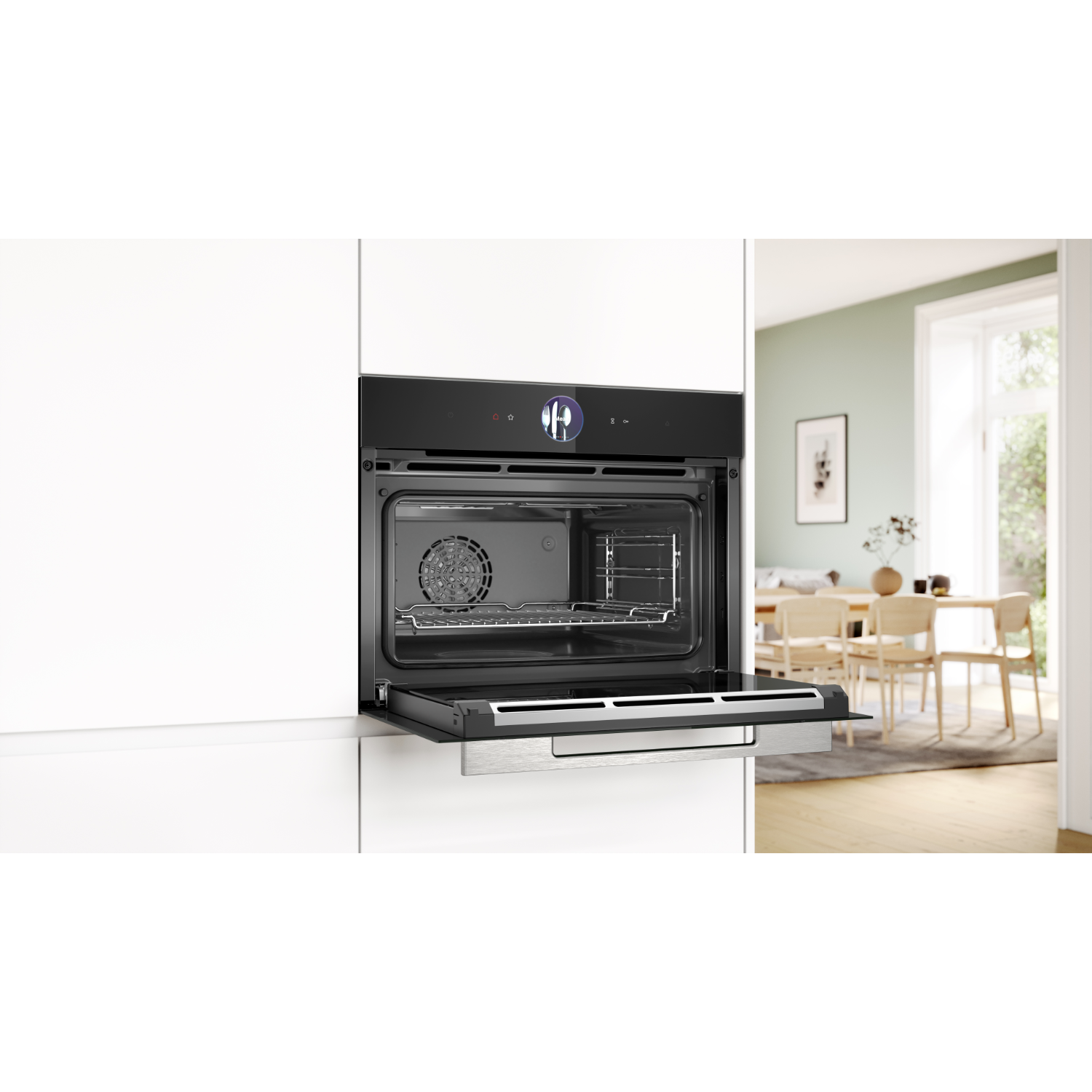 Forno nero a incasso, porta aperta, interno visibile, sfondo cucina bianca.