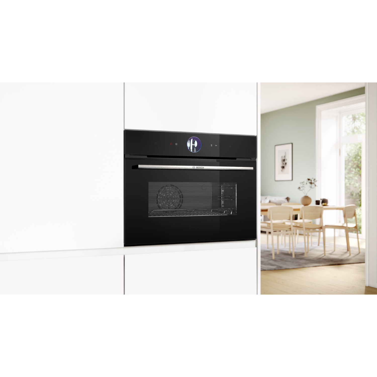 Forno nero incassato in una cucina bianca. La porta è leggermente aperta, con un display.