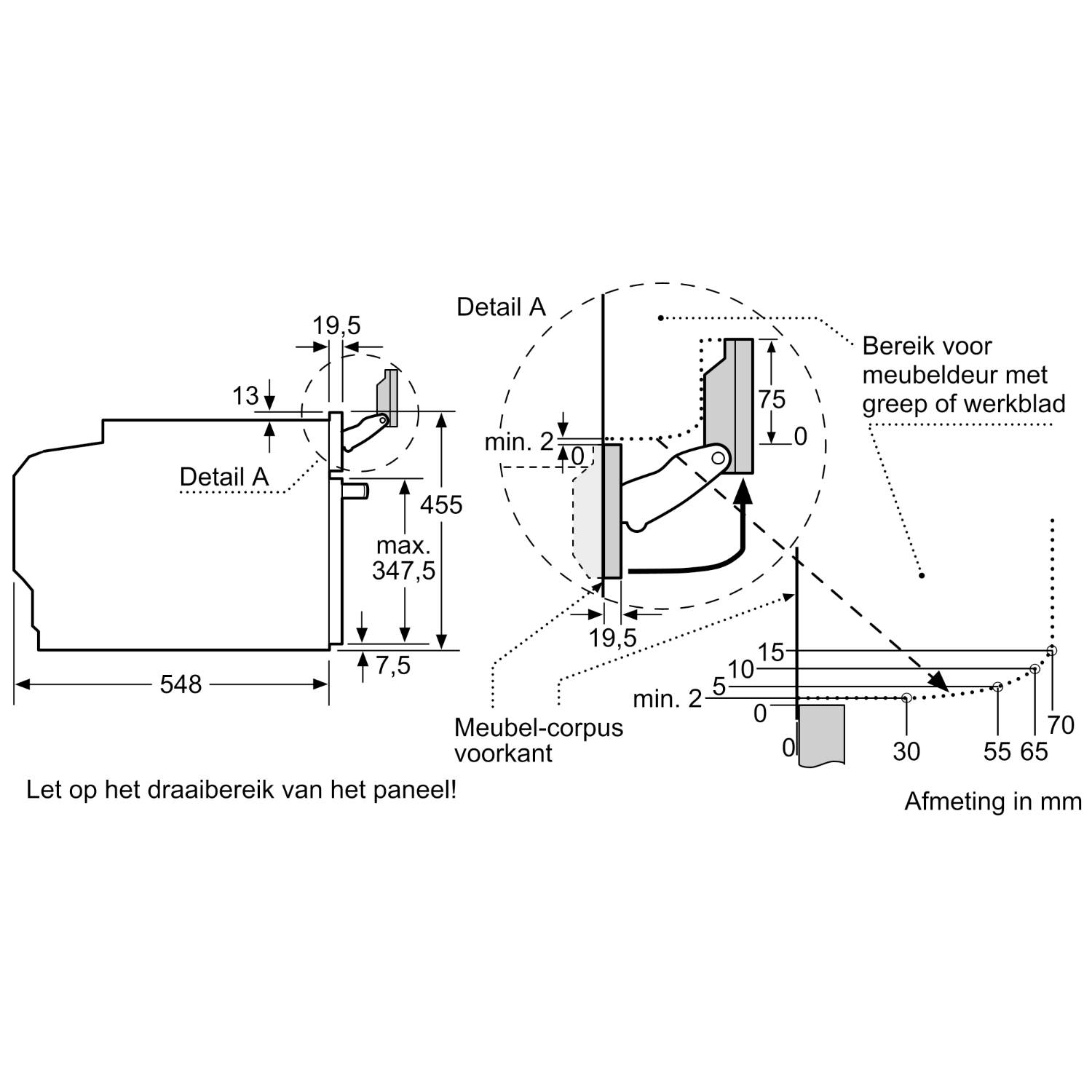 Disegno tecnico di un meccanismo cerniera con misure in mm.