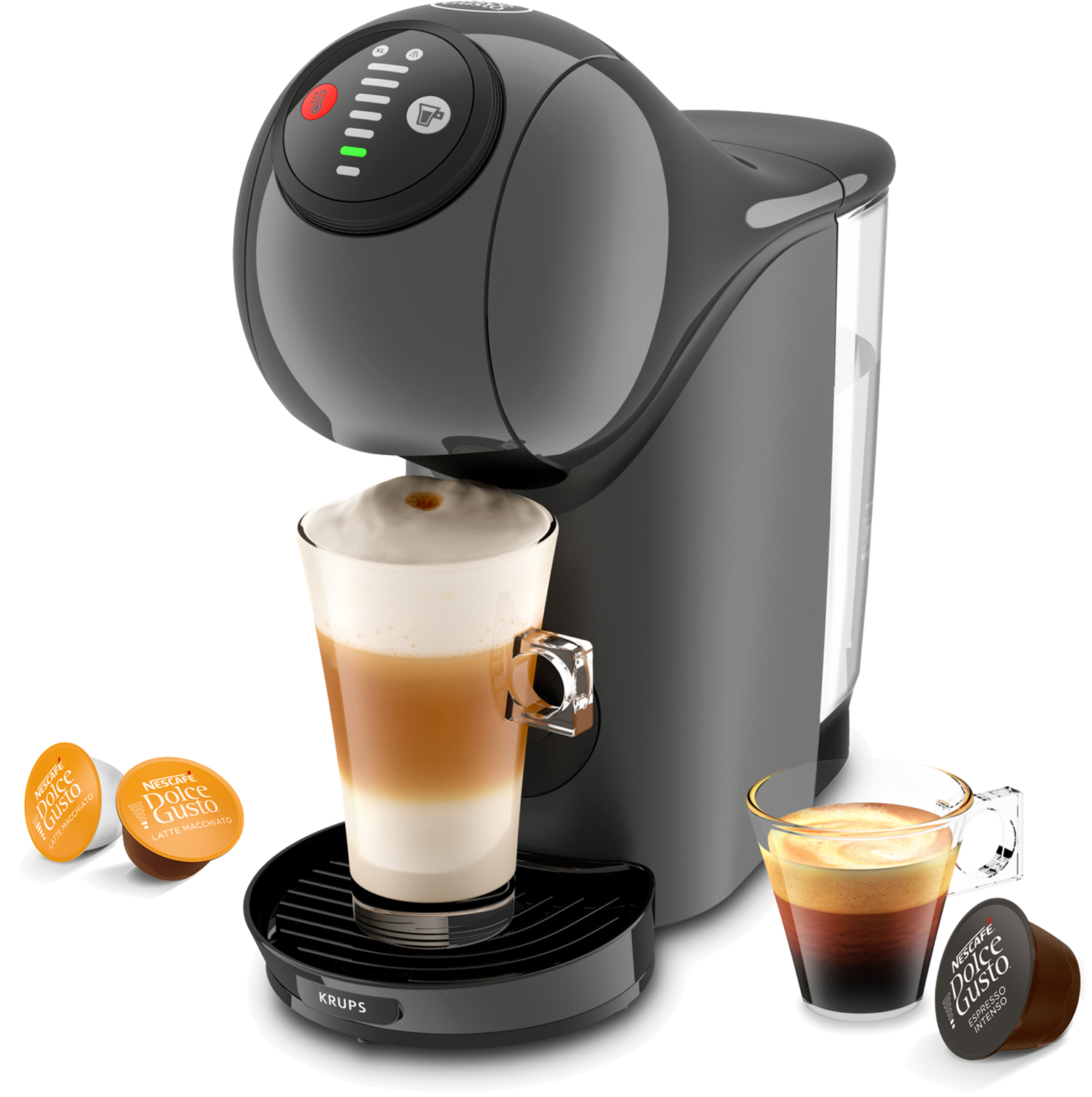 Czarny i szary ekspres do kawy, ze szklanką latte i kapsułkami do espresso.