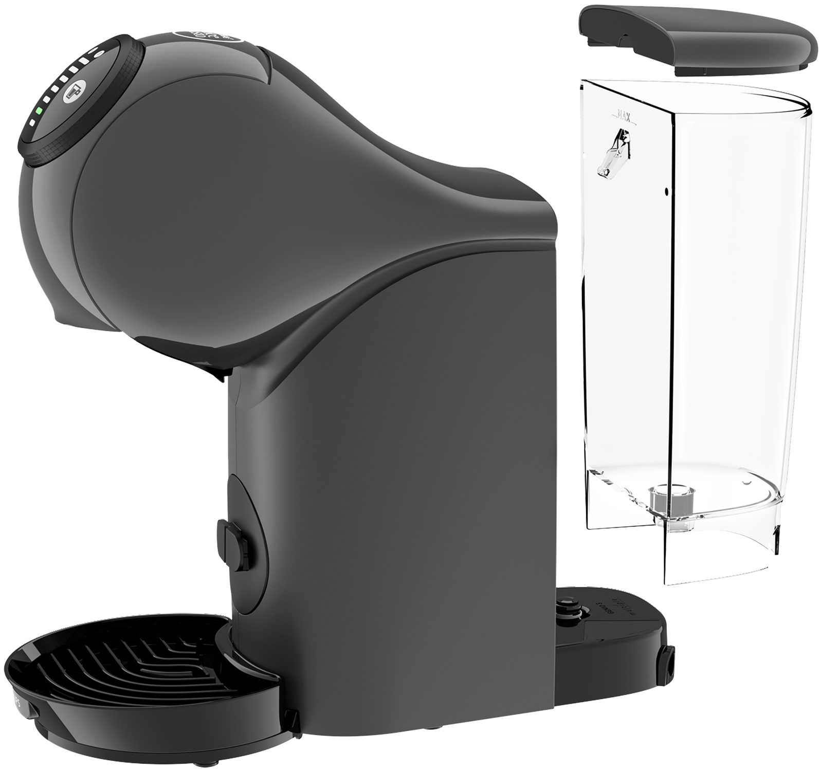 Czarny ekspres do kawy z odłączonym zbiornikiem na wodę. Czarna podstawa i detale.