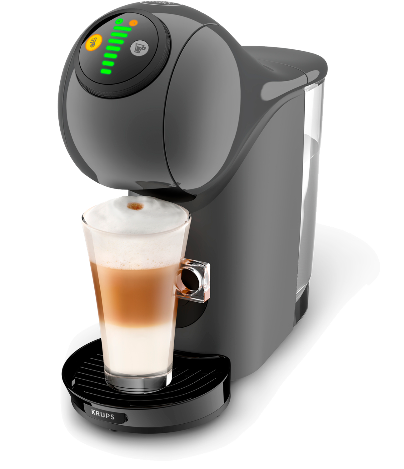 Szary ekspres do kawy Krups ze szklanką latte. Ekspres ma światła i elementy sterujące. Latte ma warstwy.