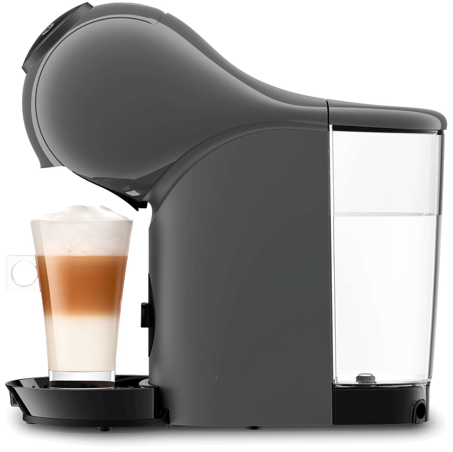 Czarny ekspres do kawy ze szklanką warstwowej kawy i mleka. Widoczny zbiornik na wodę.