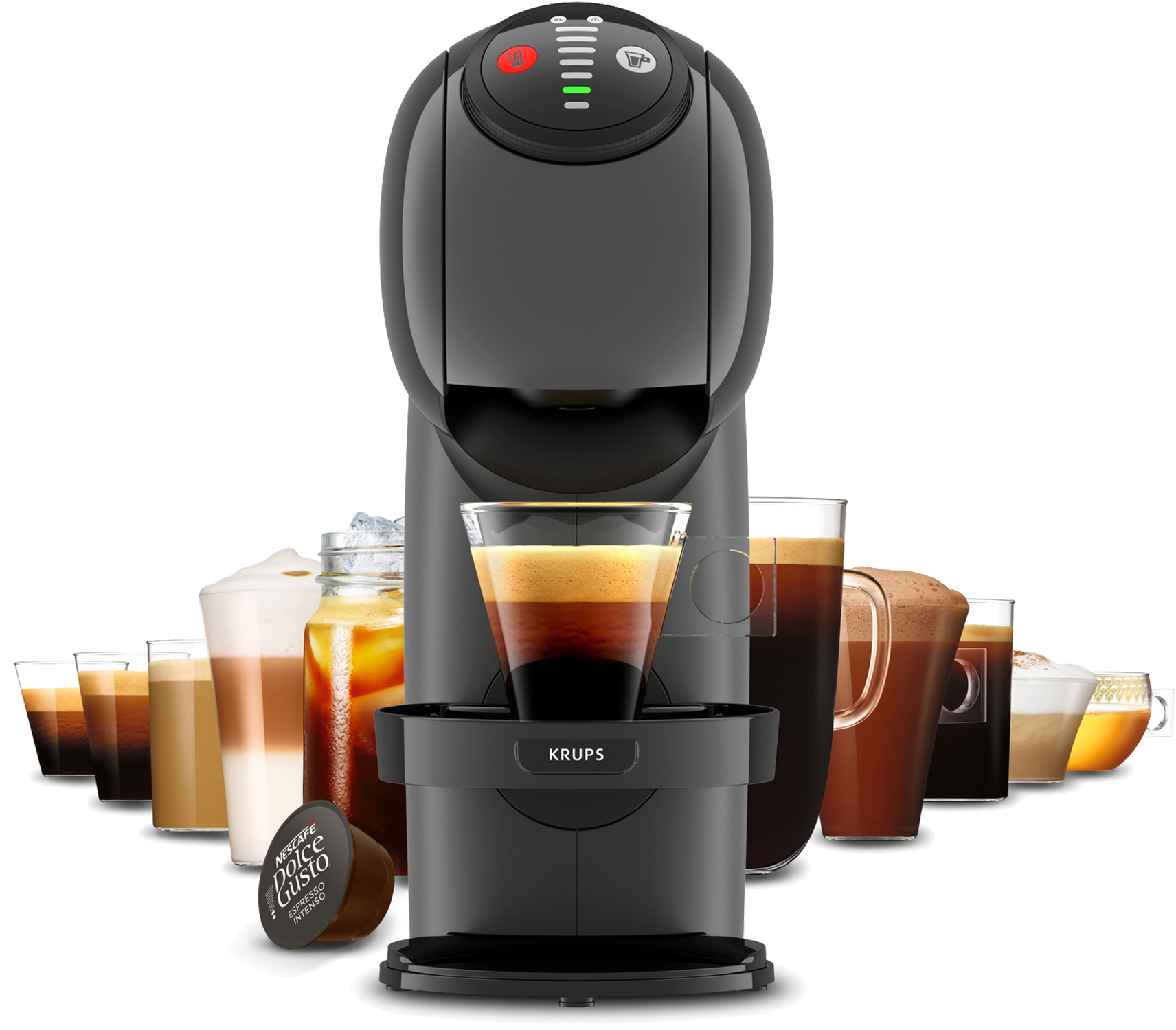 Czarny ekspres do kawy z różnymi rodzajami kawy. Kapsułka Dolce Gusto z przodu. Inne napoje w tle.