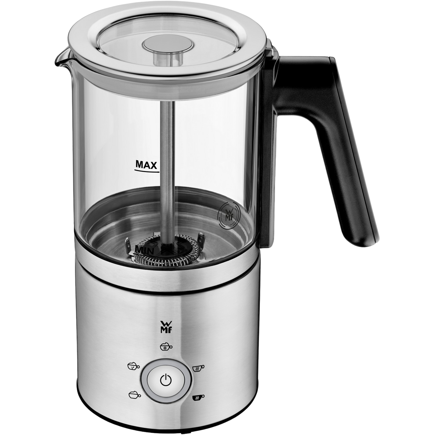 Spieniacz do mleka ze stali nierdzewnej z czarnym uchwytem i przezroczystym szklanym pojemnikiem. Pokrywa jest na górze.