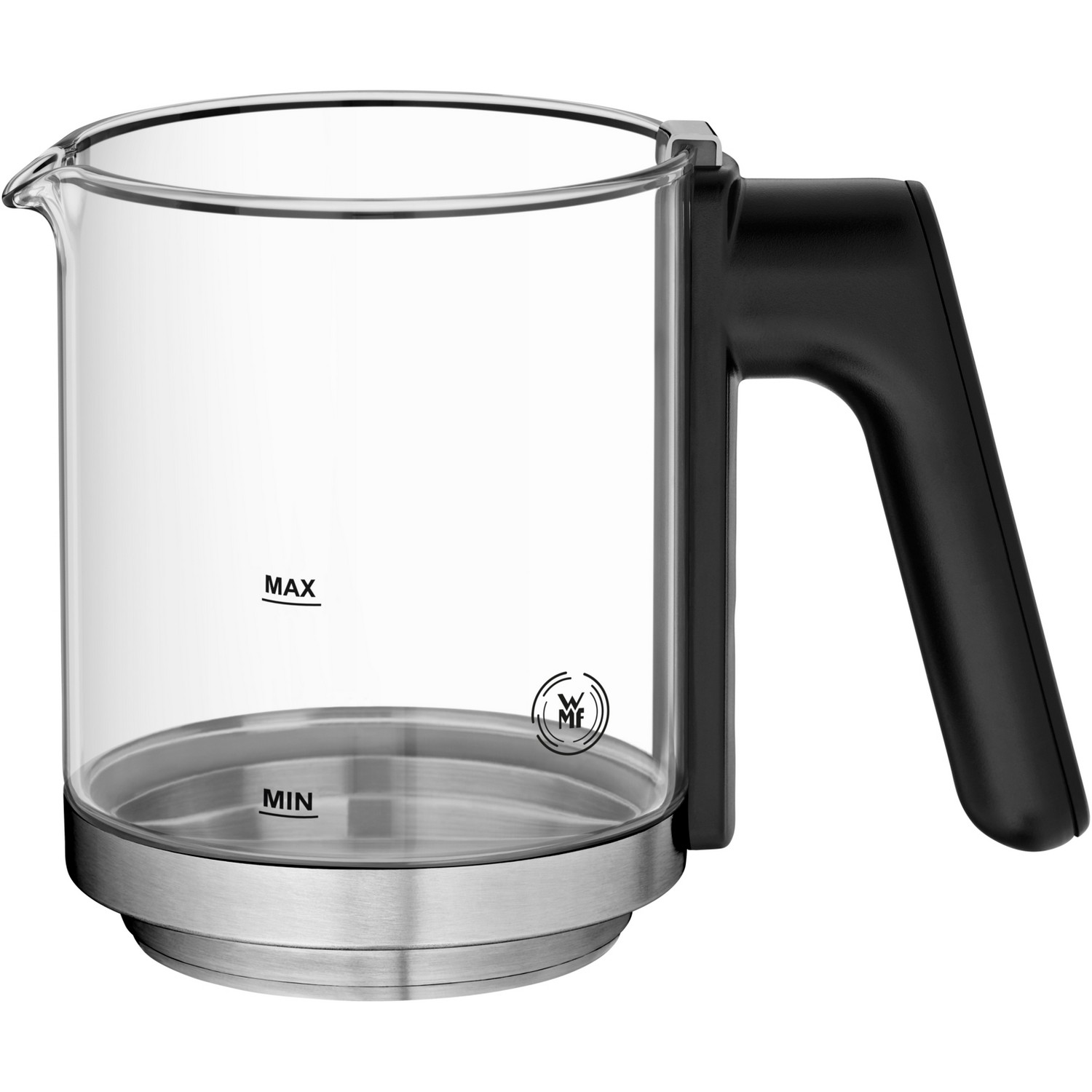 Przezroczysty szklany dzbanek do kawy z czarnym uchwytem i podstawą ze stali nierdzewnej. Widoczne oznaczenia max i min.
